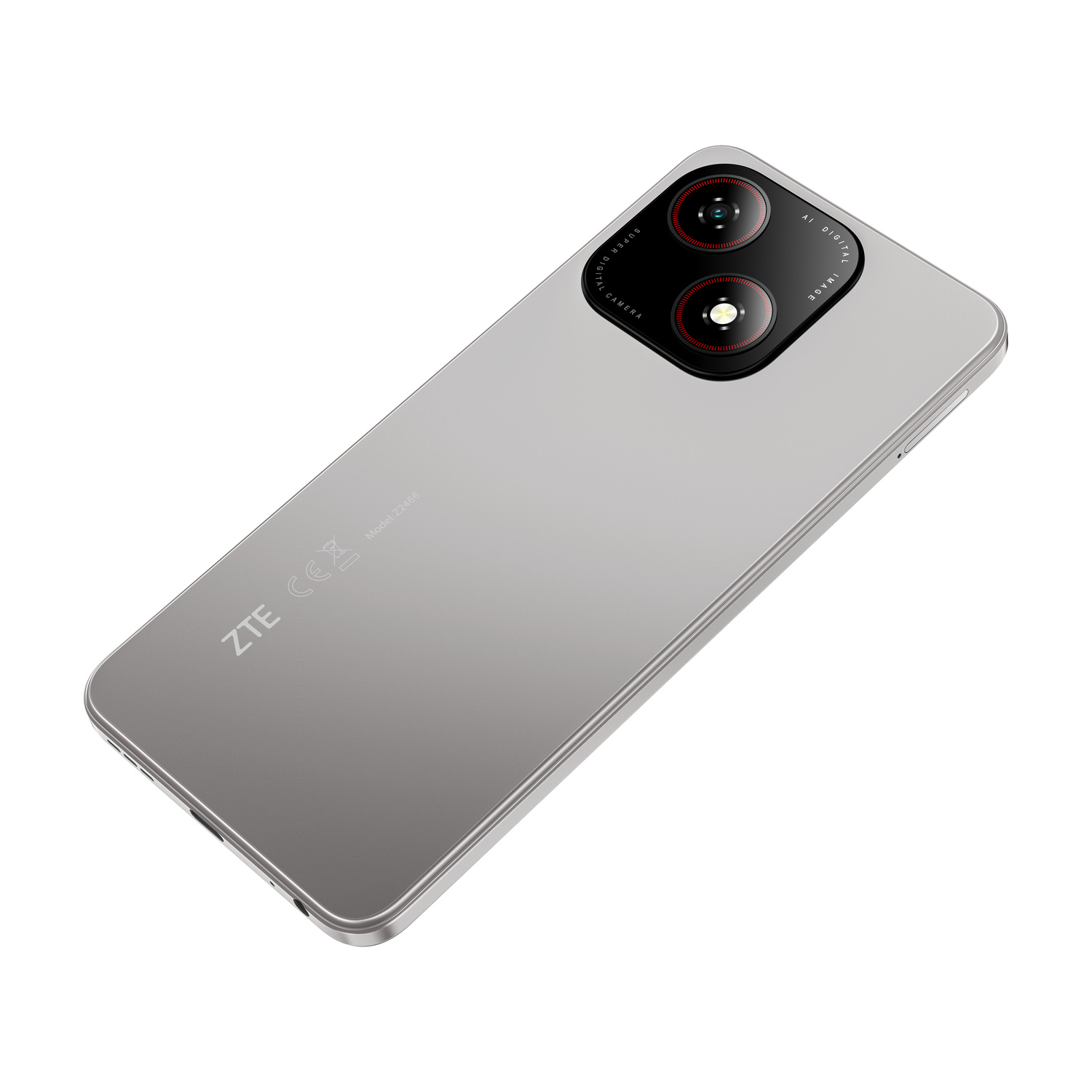 Retro di uno smartphone ZTE argento con doppia fotocamera su sfondo bianco.