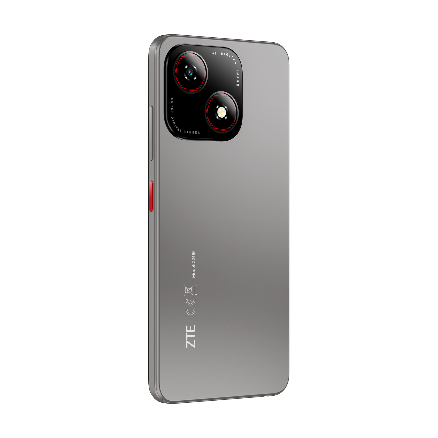 Retro di uno smartphone grigio con modulo a doppia fotocamera rotonda, flash LED, logo ZTE e testo.