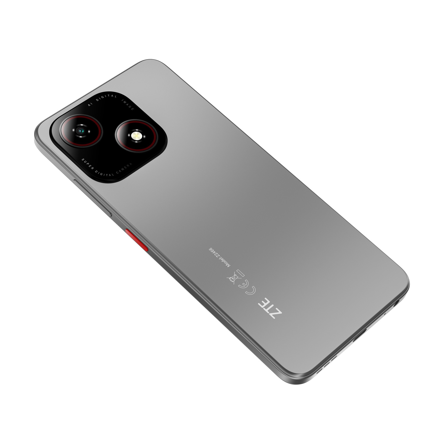Retro di uno smartphone grigio con doppia fotocamera in alto a sinistra e tasto di accensione rosso sul lato.