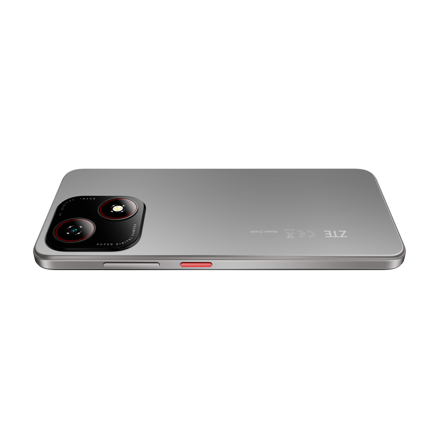 Smartphone ZTE grigio da dietro con doppia fotocamera e pulsante di accensione rosso su sfondo bianco.