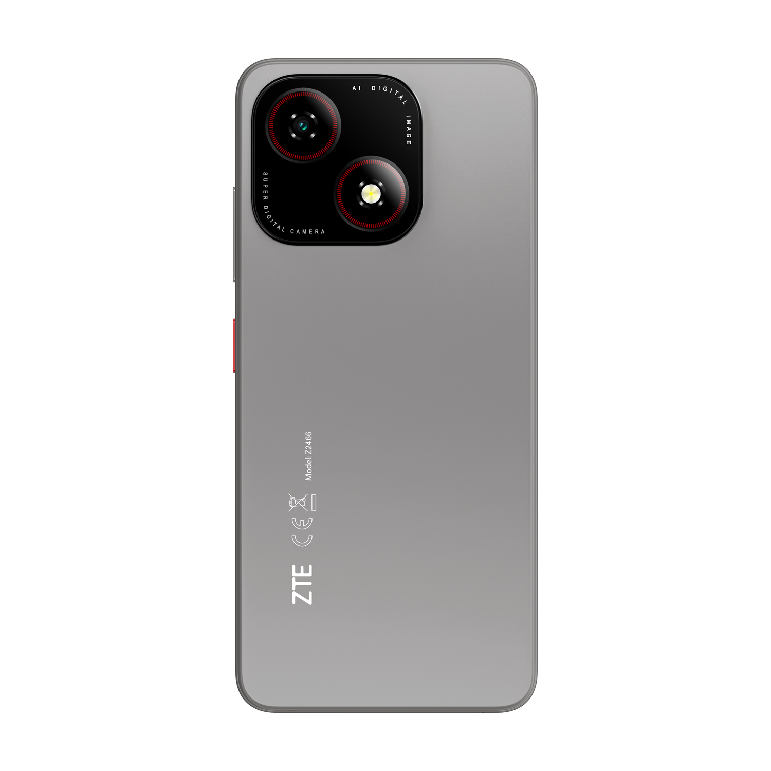 Retro grigio di uno smartphone ZTE con due fotocamere verticali e logo bianco del marchio.