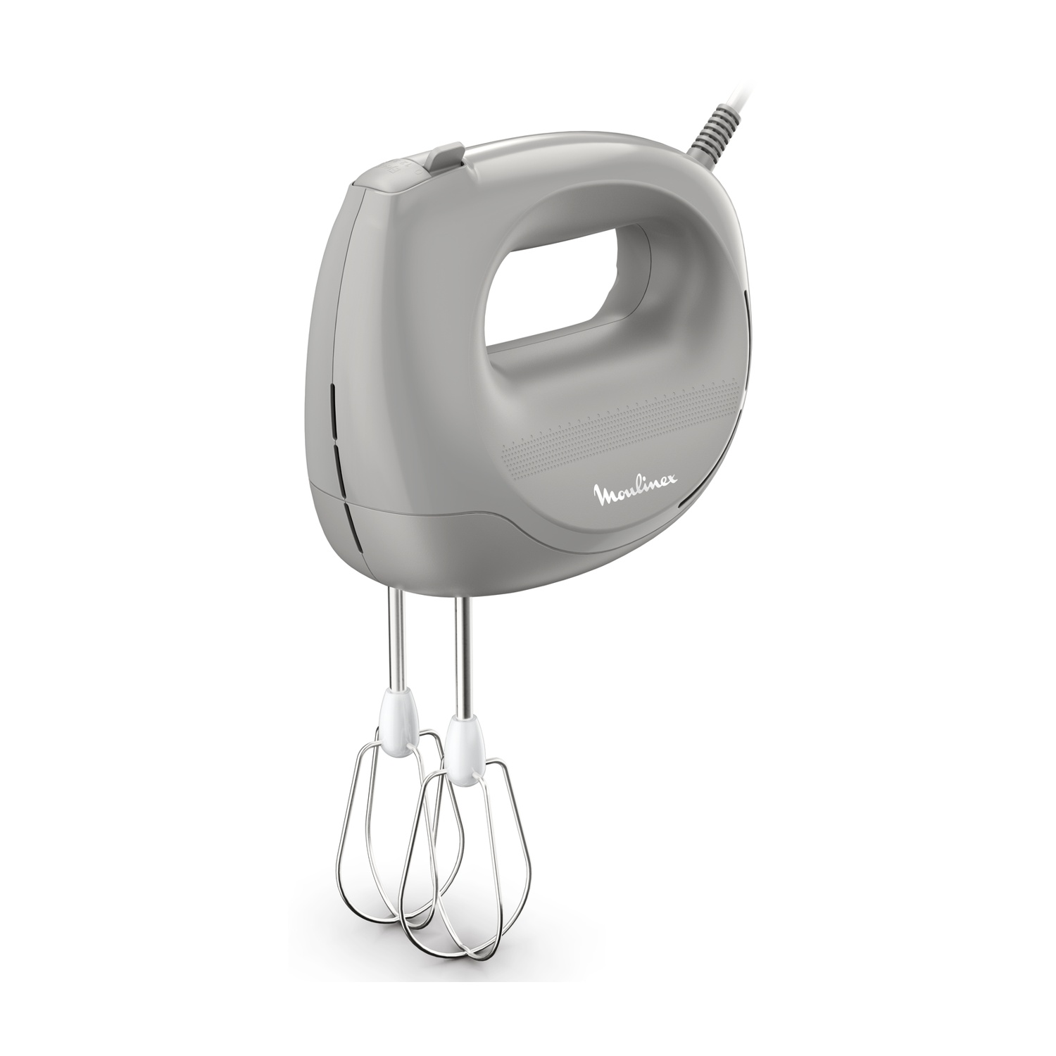 Un mixer a mano Moulinex grigio con due fruste metalliche su sfondo bianco.