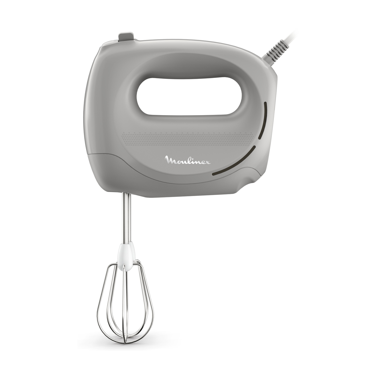 Sbattitore elettrico Moulinex grigio con una frusta su sfondo bianco.