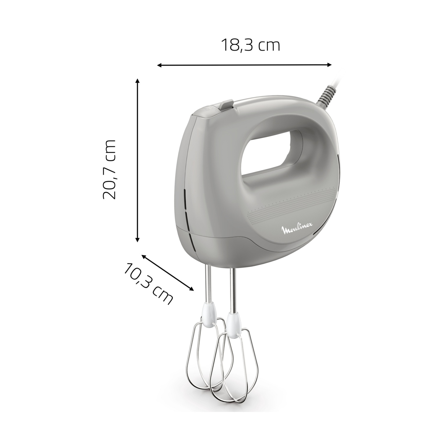 Sbattitore elettrico grigio Moulinex con doppie fruste, con frecce di misura di 18,3 cm, 20,7 cm e 10,3 cm su sfondo bianco.