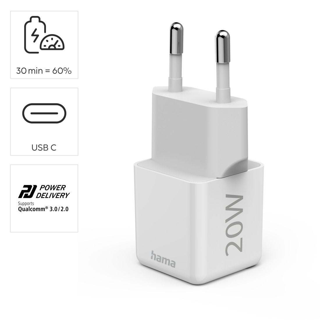 Weißes Hama 20W USB-C Schnellladegerät mit EU-Stecker und drei Funktionssymbolen links.
