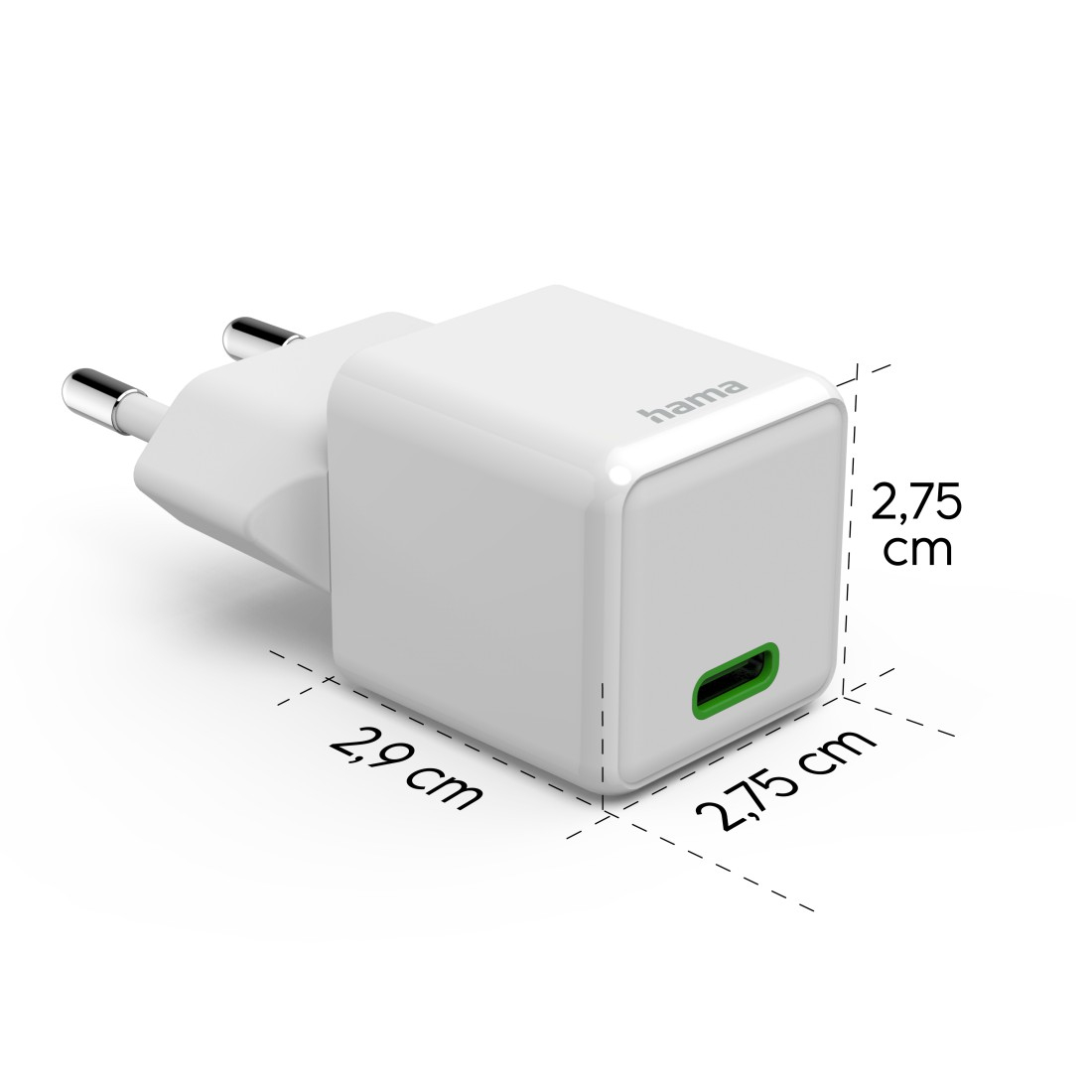 Weißes Kompakt-USB-C-Ladegerät mit Maßen von 2,9x2,75x2,75 cm auf weißem Hintergrund.