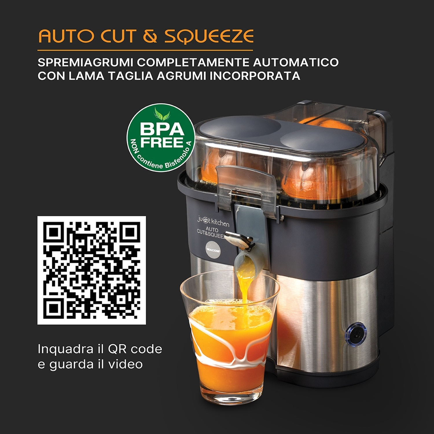 Uno spremiagrumi automatico versa succo in un bicchiere, con logo BPA free e QR code.