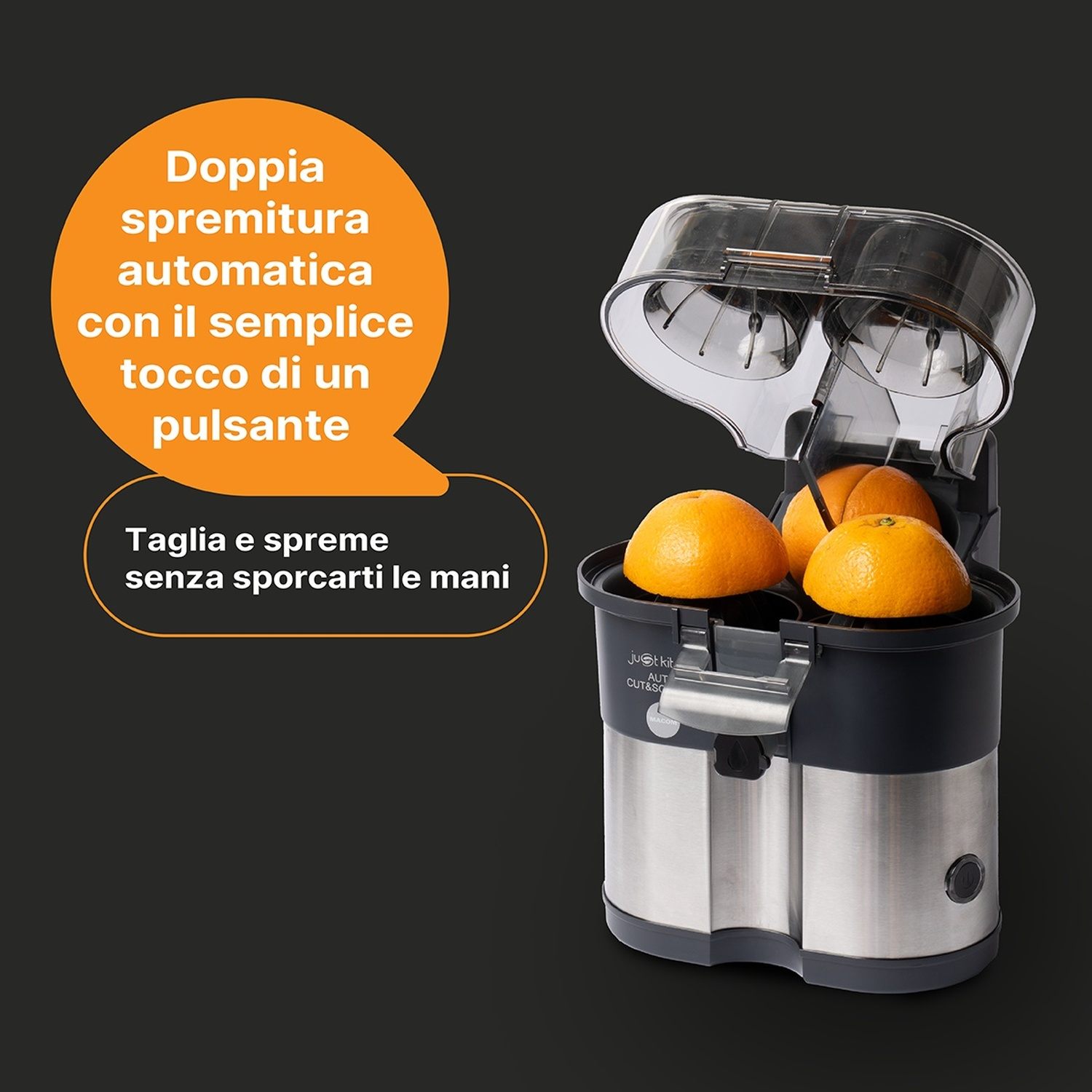 Uno spremiagrumi automatico con arance su sfondo scuro e nuvole di testo arancioni.