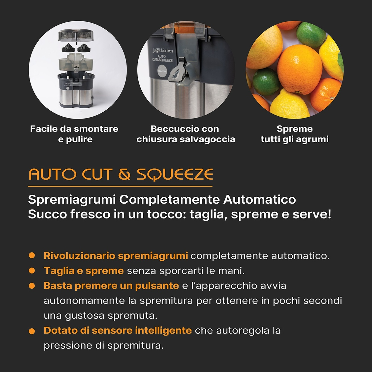 Pubblicità di uno spremiagrumi automatico con parti smontate, beccuccio antigoccia e vari agrumi.