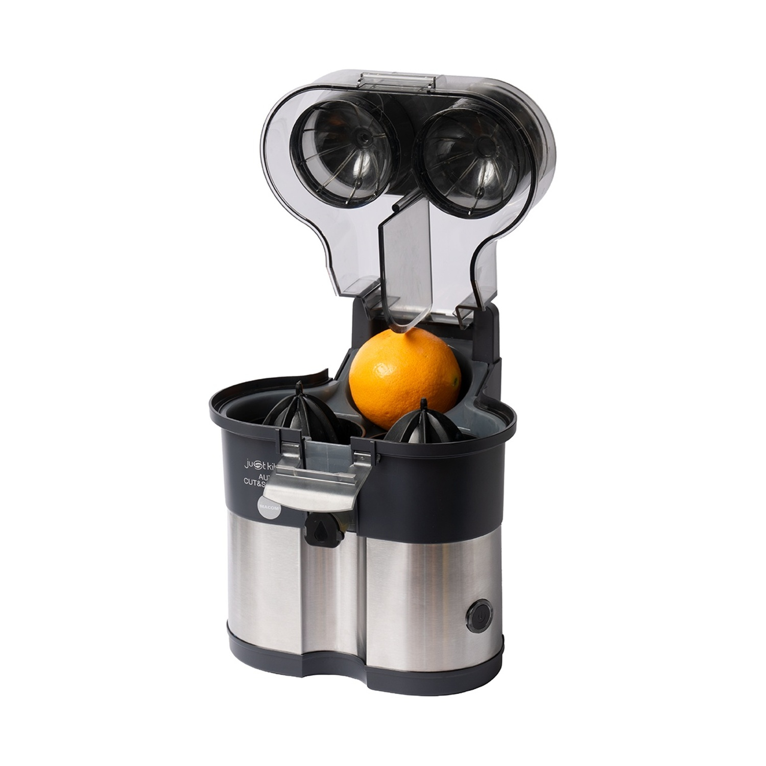 Moderno spremiagrumi automatico in nero e acciaio inox con coperchio trasparente e un'arancia intera.