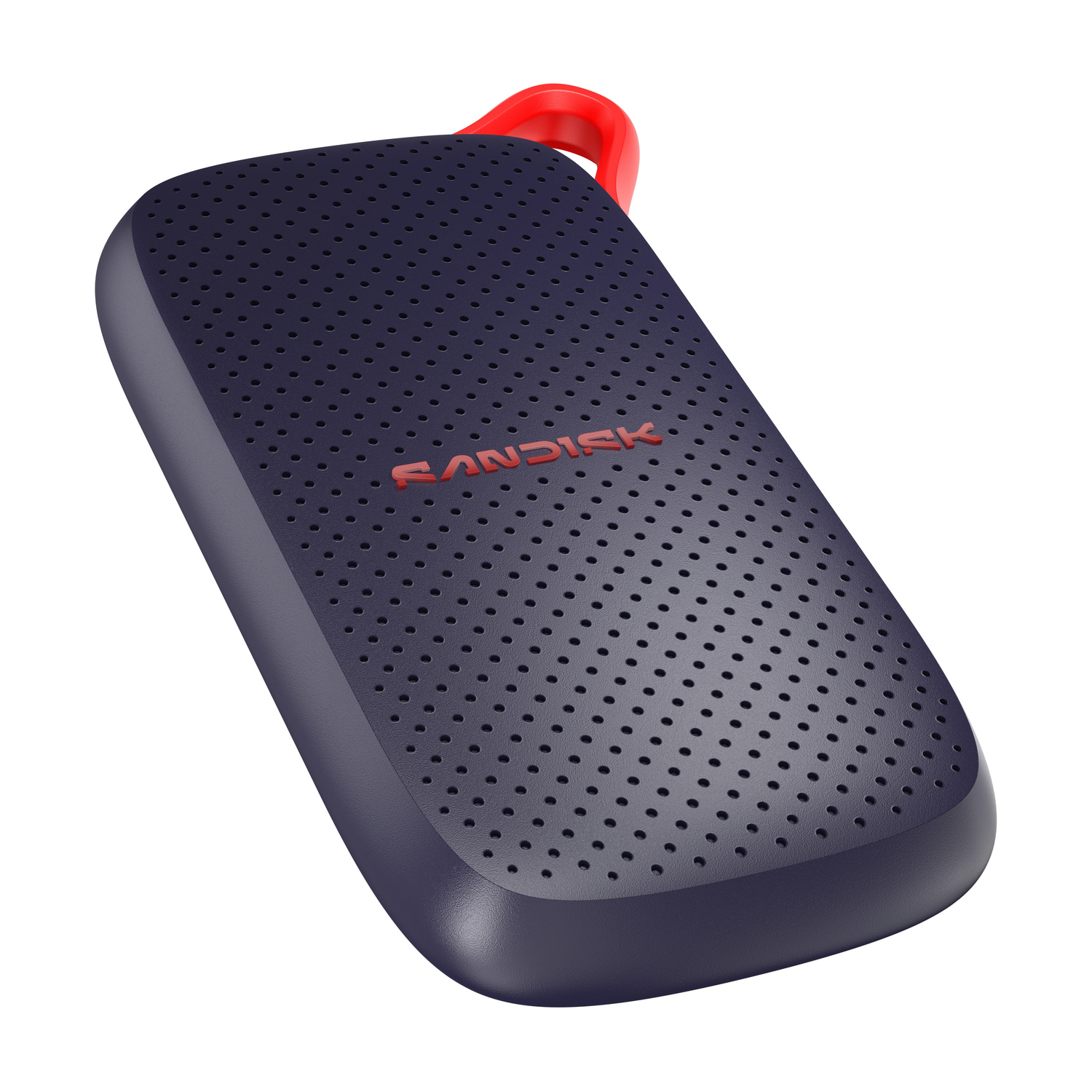 SSD SanDisk blu scuro con superficie perforata e un anello rosso.
