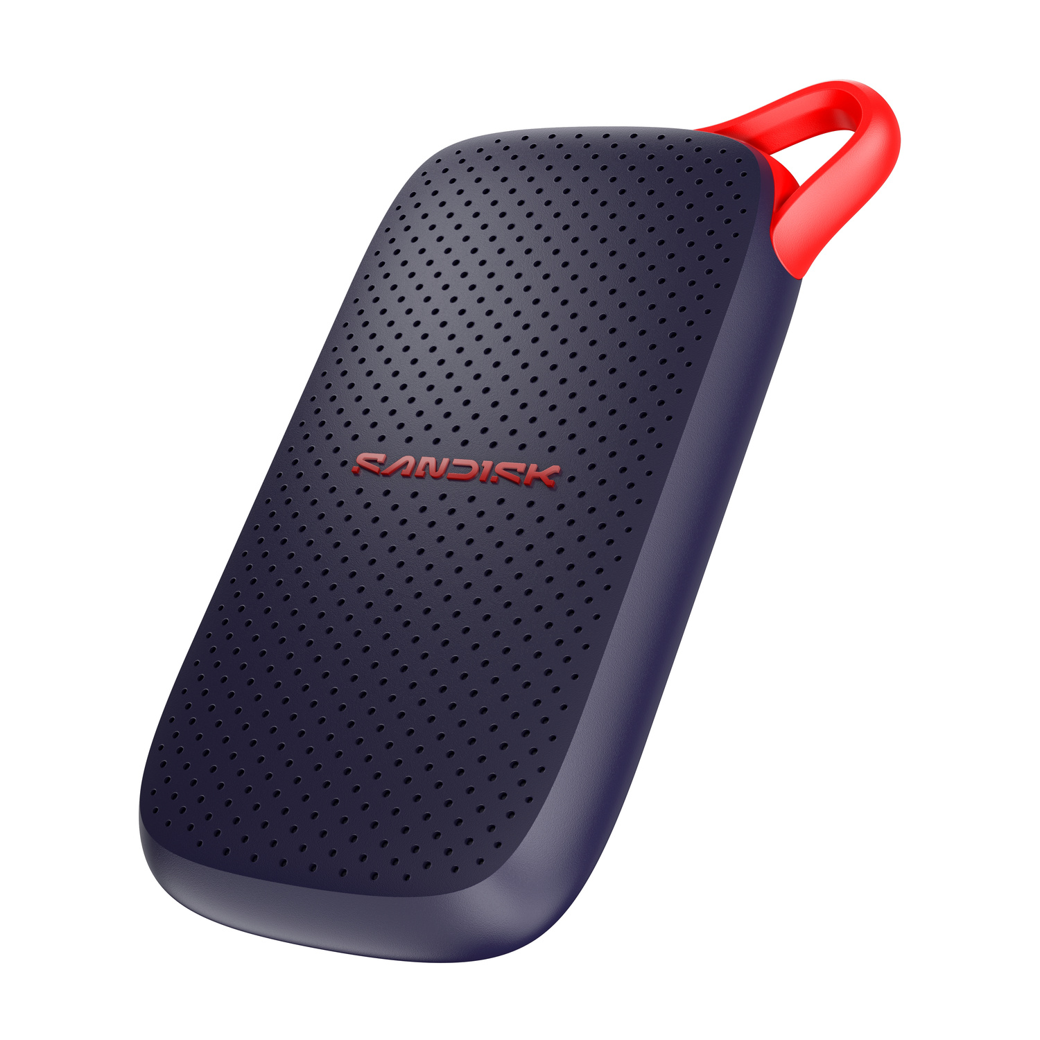 SSD SanDisk blu scuro con passante rosso e superficie perforata su sfondo bianco.