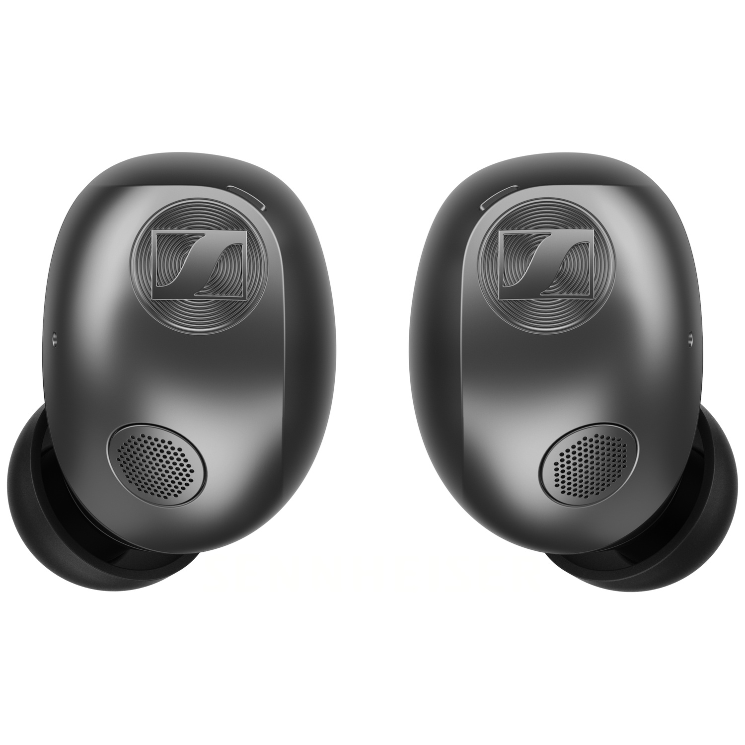 Deux écouteurs intra-auriculaires noirs Sennheiser avec logo et haut-parleur sur fond blanc.