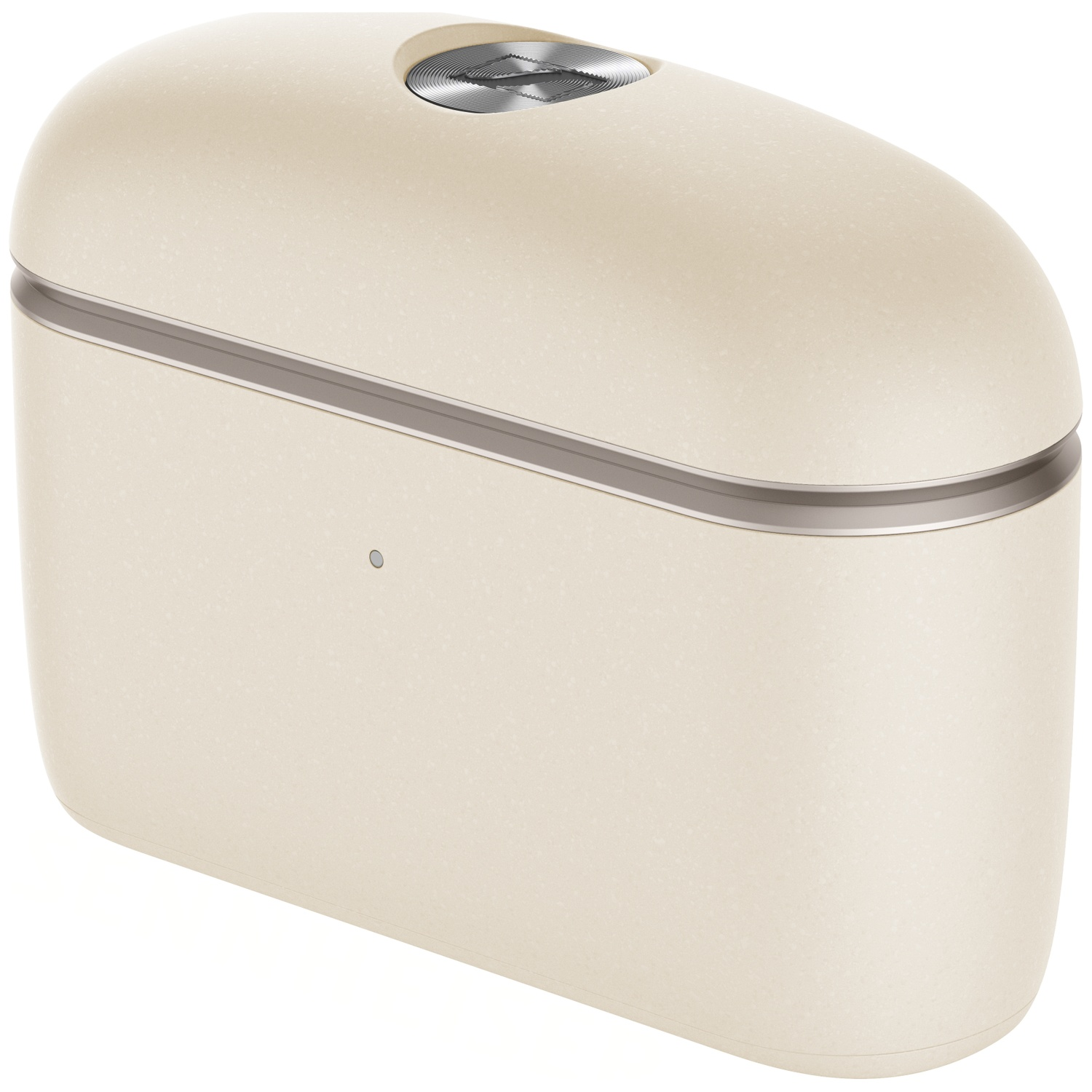 Boîtier de charge beige arrondi avec un bord argenté et un bouton.