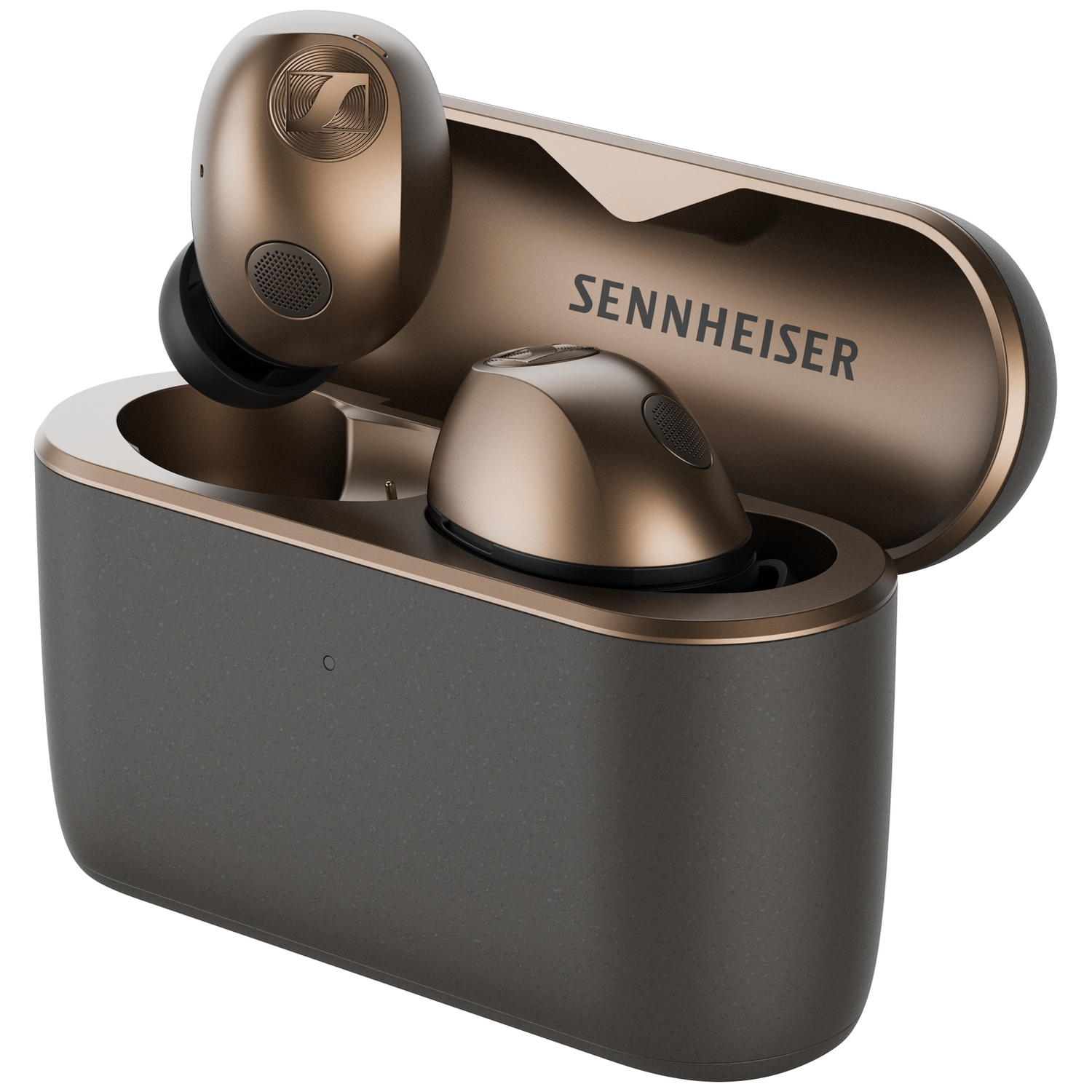 Écouteurs intra-auriculaires Sennheiser bronze dans un boîtier de charge gris ouvert avec logo.
