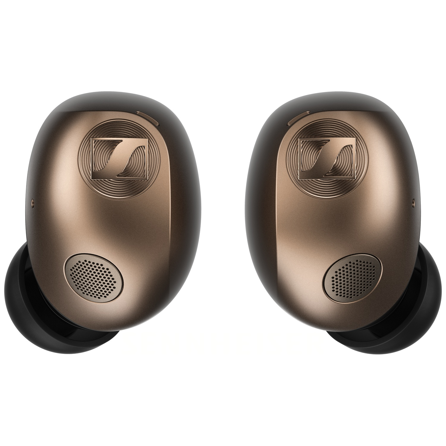 Deux écouteurs intra-auriculaires couleur bronze avec embouts en silicone noir et logo Sennheiser.