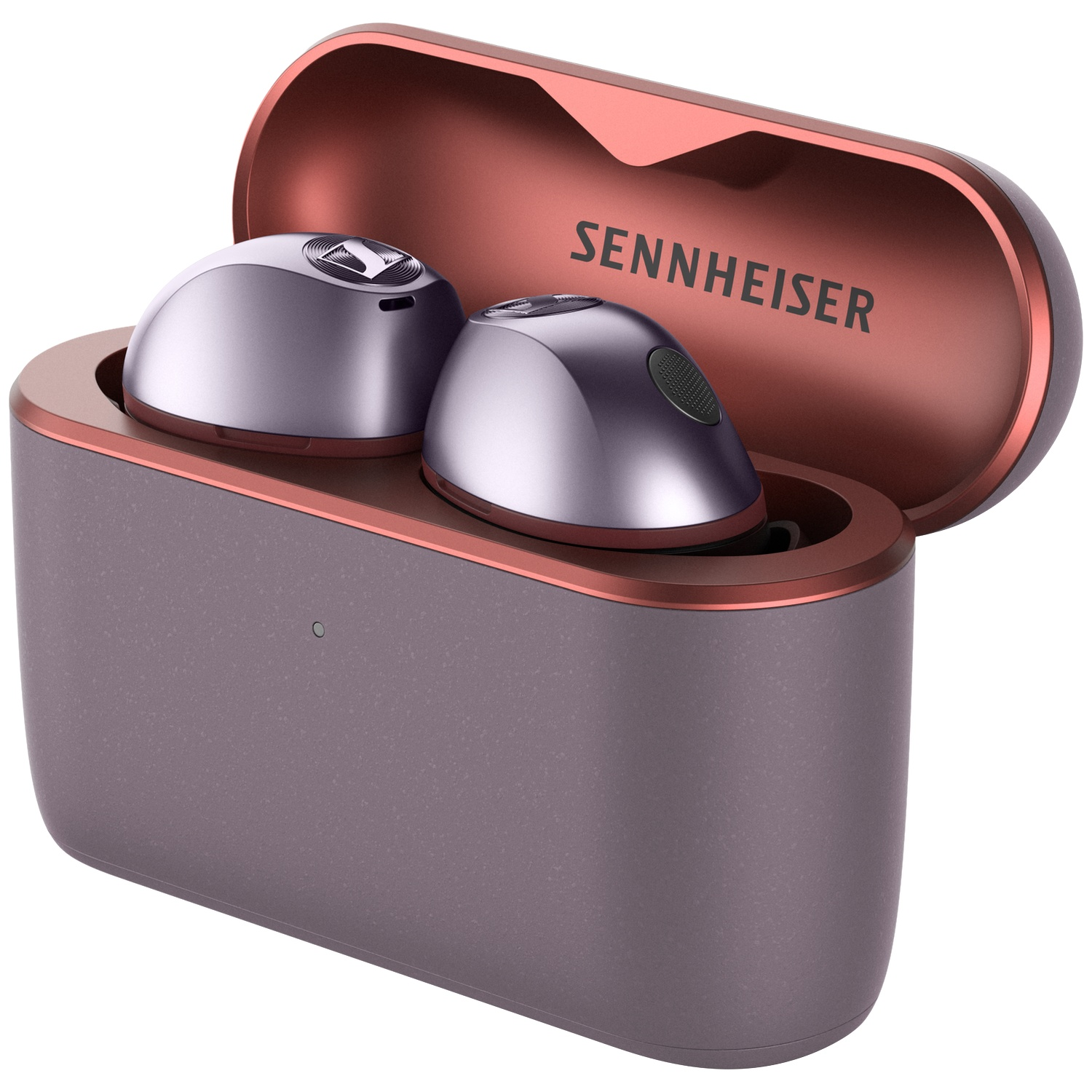 Boîtier de charge ouvert violet et or rose avec le logo Sennheiser et deux écouteurs.