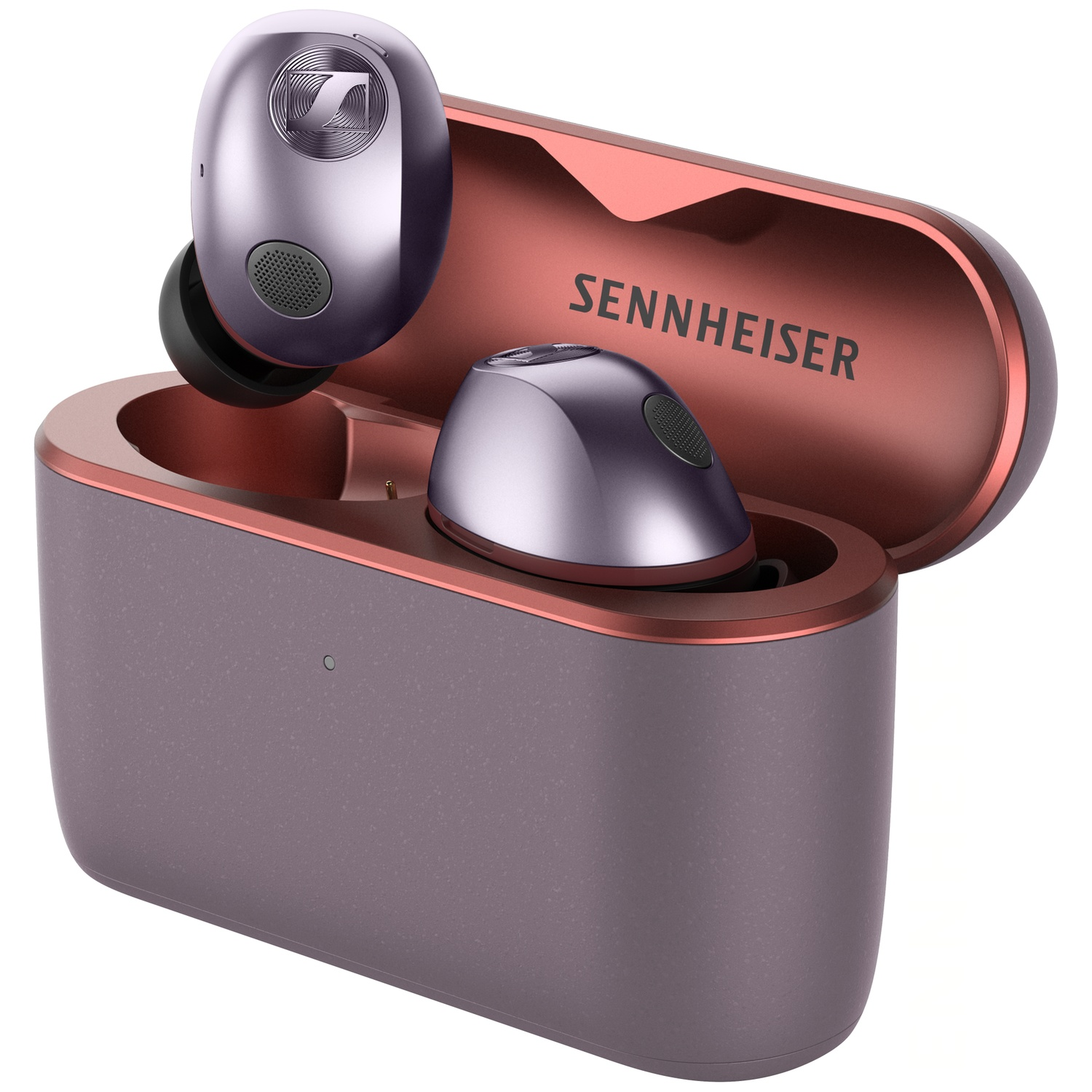 Écouteurs sans fil Sennheiser violet brillant dans un boîtier de charge ouvert rose doré.
