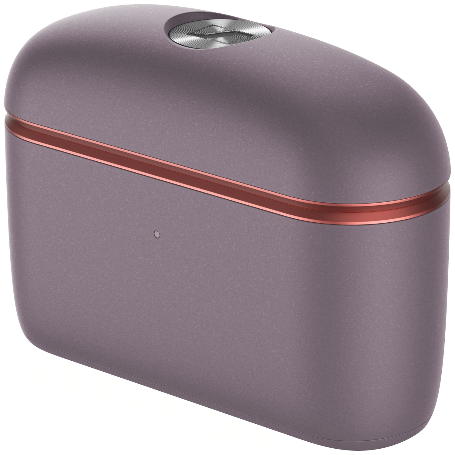 Un boîtier de charge violet mat avec une bande rouge et un détail argenté sur le dessus sur fond blanc.