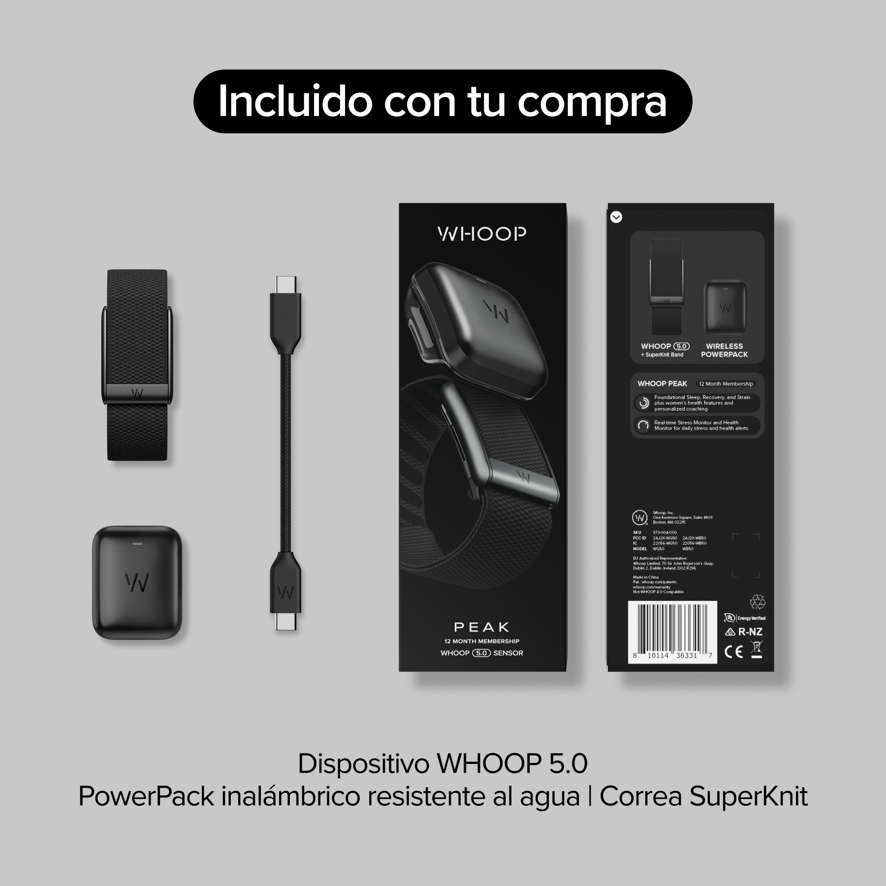 Pulsera de actividad - WHOOP Peak, Sin Pantalla, Más de 14 días de Autonomía, Control de actividad y sueño 24/7, con FC, Negro