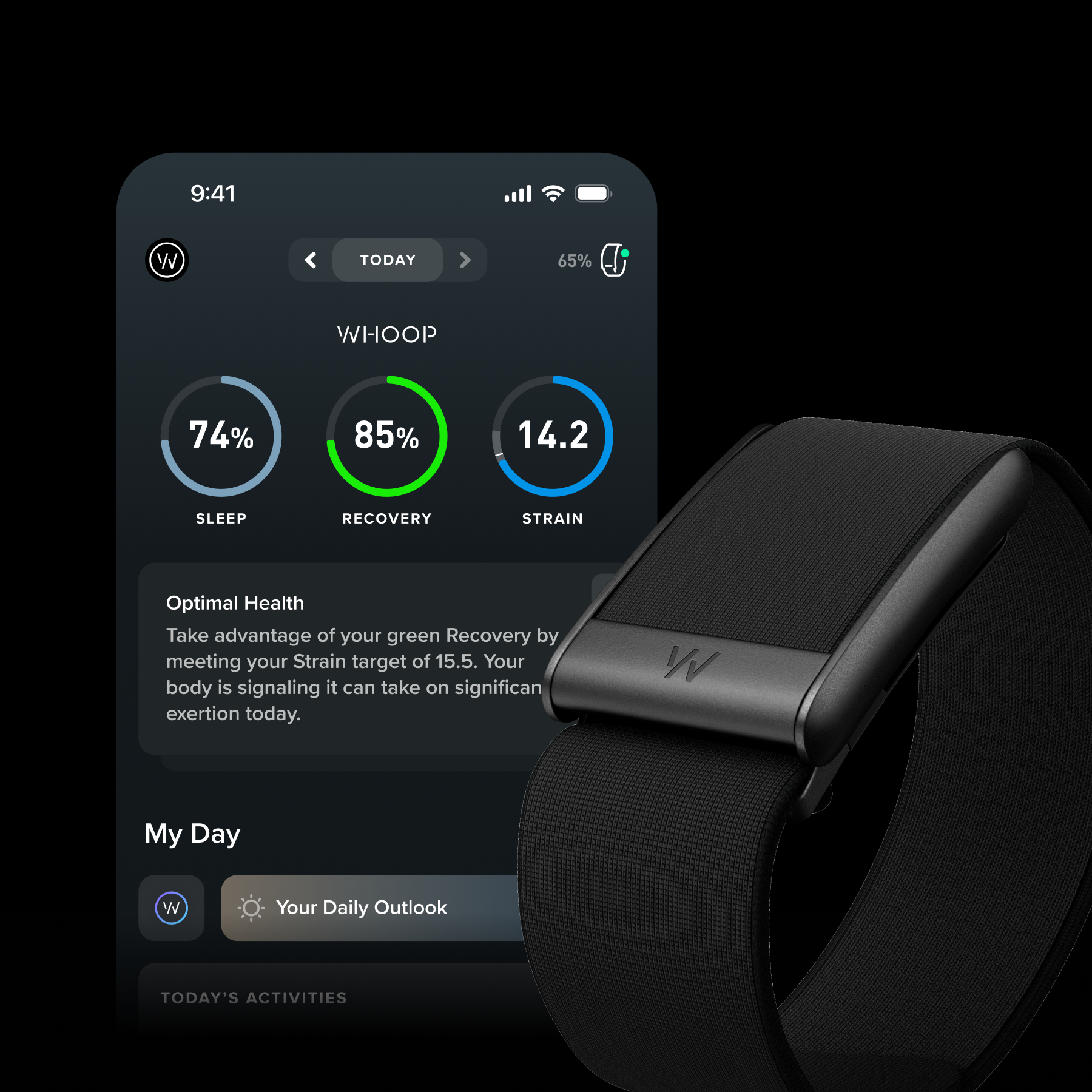 Pulsera de actividad - WHOOP One, Sin pantalla, Hasta 14 días de Autonomía, Control de actividad 24/7 con VO2 máx, Negro