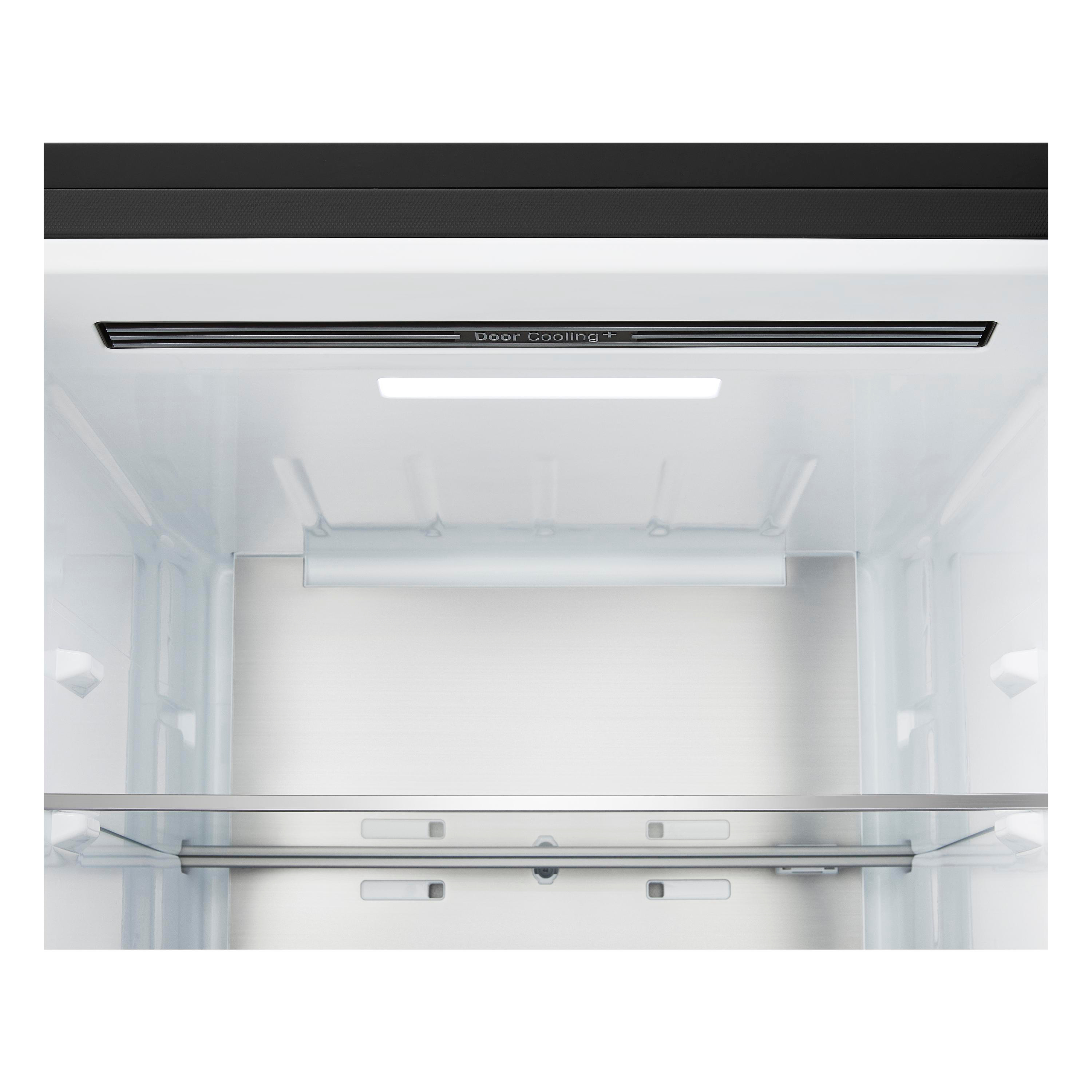 Innenansicht eines leeren Kühlschranks mit weißem Innenraum, LED-Beleuchtung und Door Cooling+ Lüftungsschlitz oben.