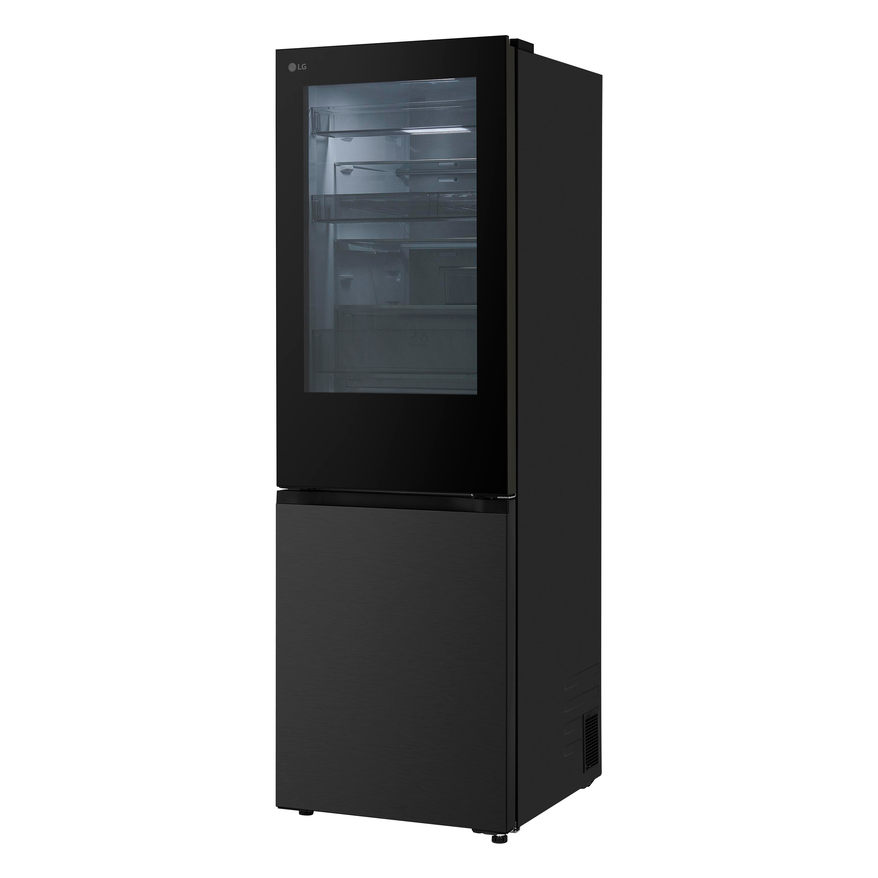 Schwarzer LG-Kühlschrank mit Glastür oben und Schublade unten, auf weißem Hintergrund.
