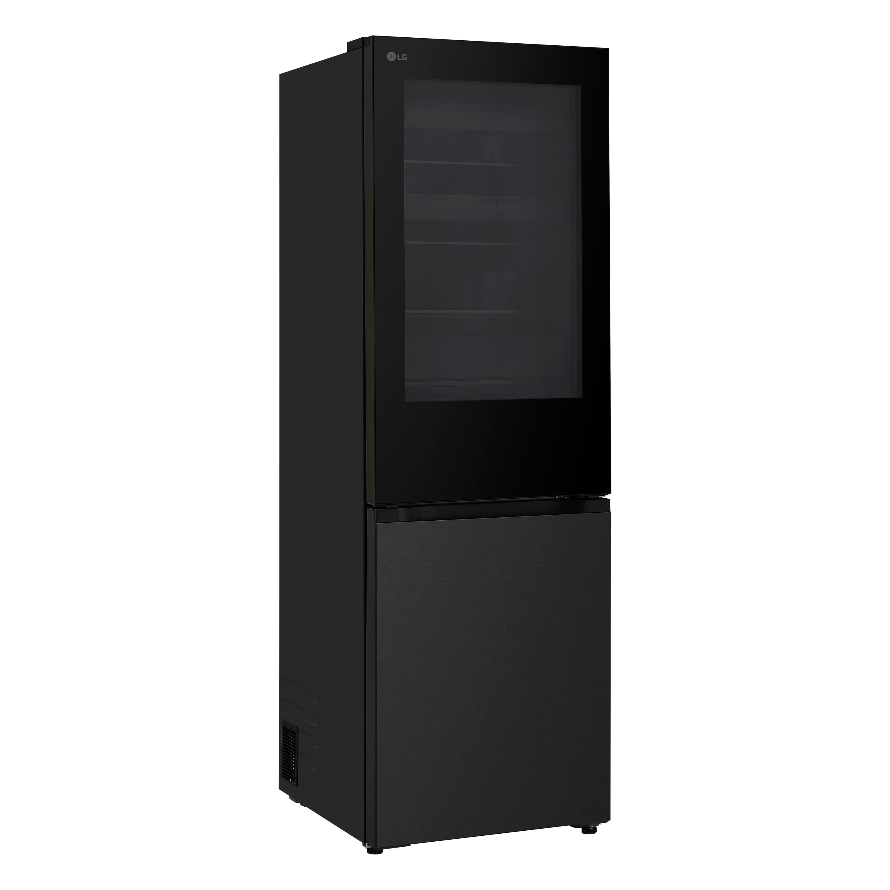 Schwarzer LG Weinkühlschrank mit Glastür oben und geschlossener Schublade unten auf weißem Hintergrund.