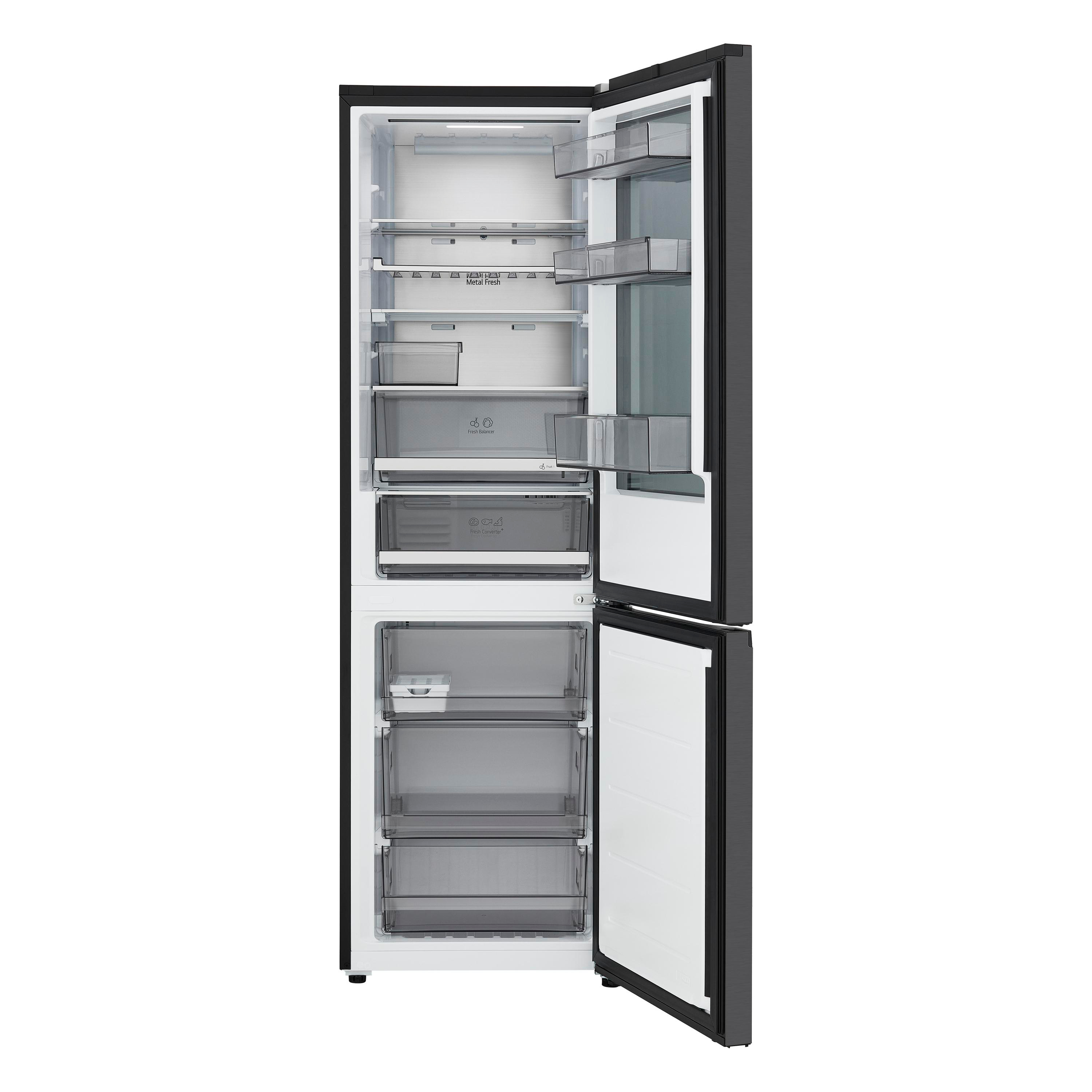 Schwarzer Kühlschrank mit geöffneten Türen und leeren Glasböden sowie Schubladen im Innenraum.