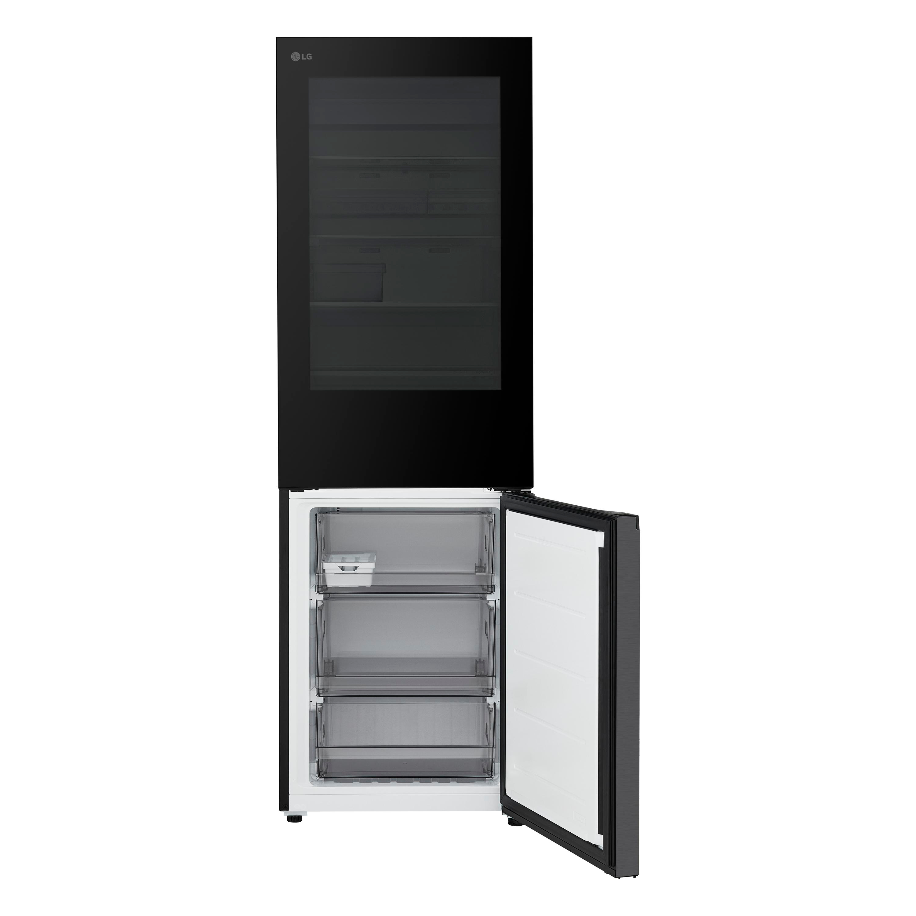 Schwarzer LG-Kühlschrank mit geschlossenem oberen Fach und geöffneter unterer Gefrierschublade.