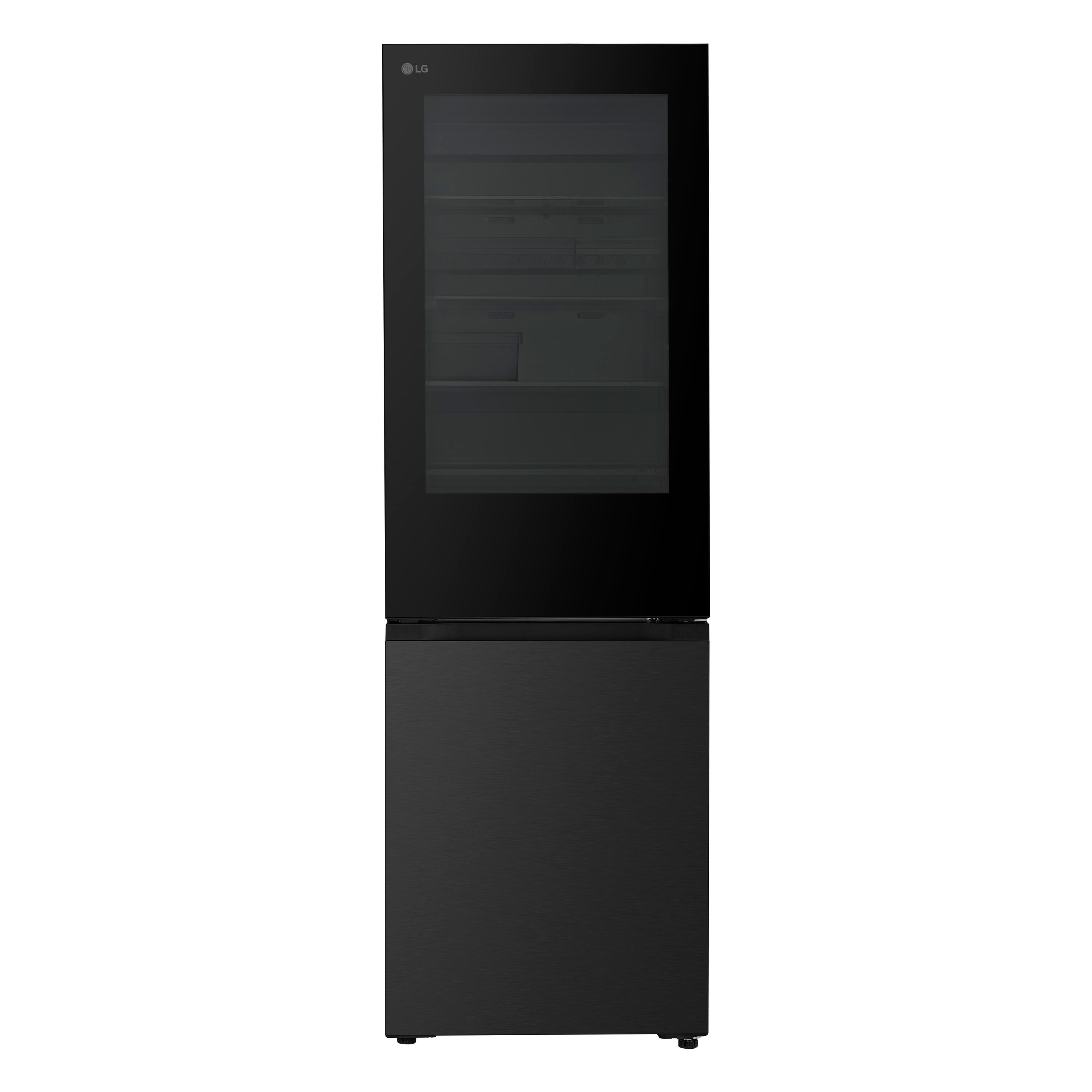 Schwarzer LG-Kühlschrank mit Glastür oben und matter Tür unten vor weißem Hintergrund.