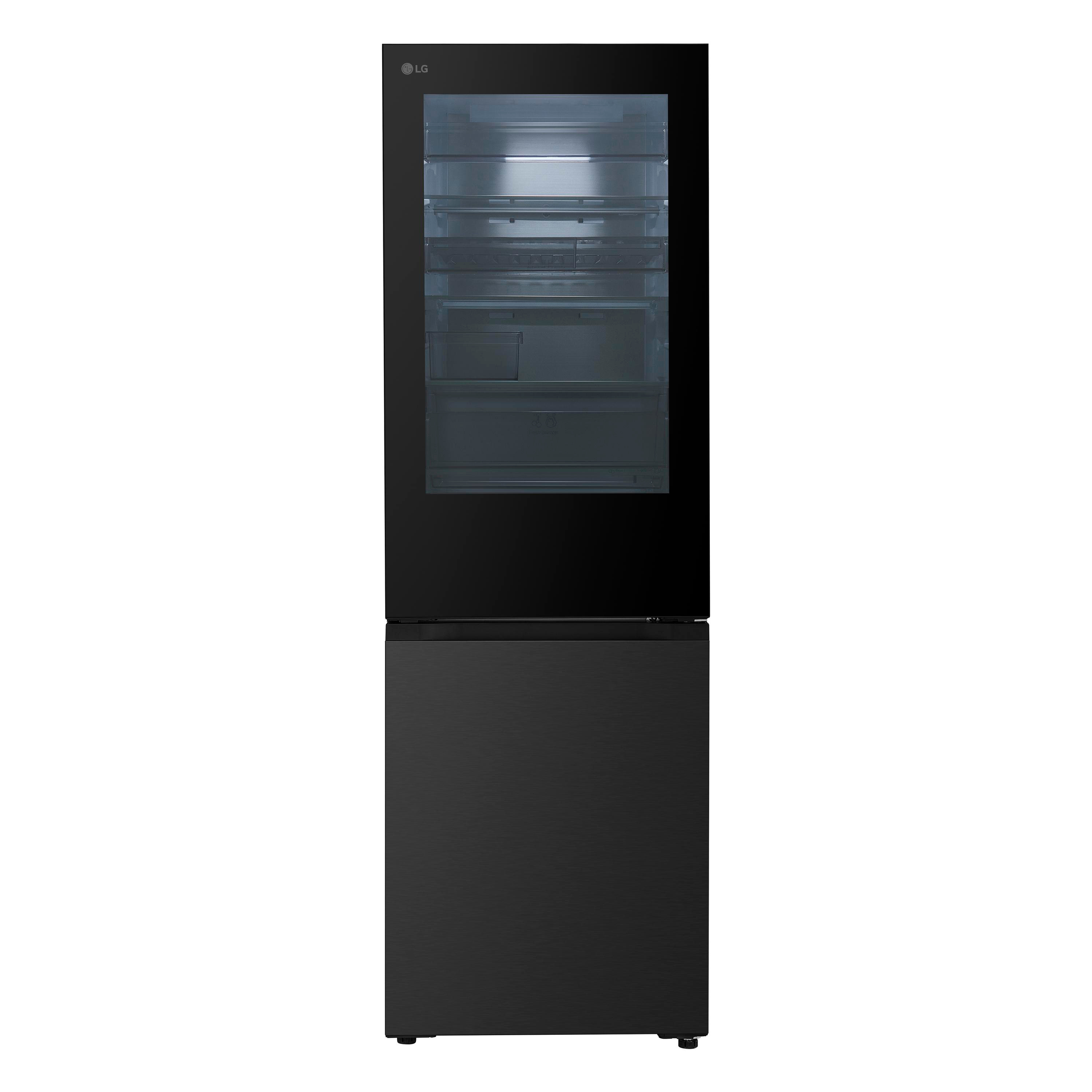 Schwarzer LG-Kühlschrank mit Glastür oben und solidem Gefrierfach unten auf weißem Hintergrund.