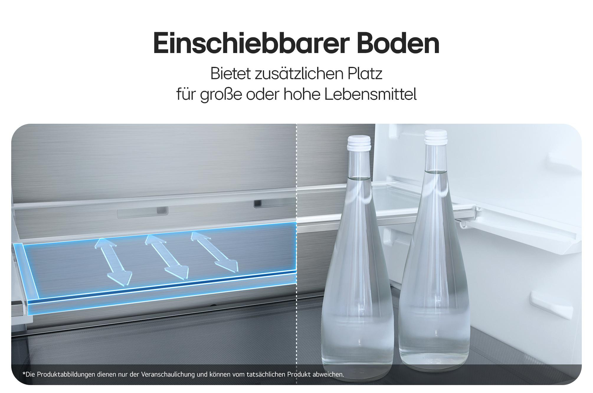 Einschiebbarer Kühlschrankboden für zusätzlichen Platz, gezeigt mit zwei Wasserflaschen.