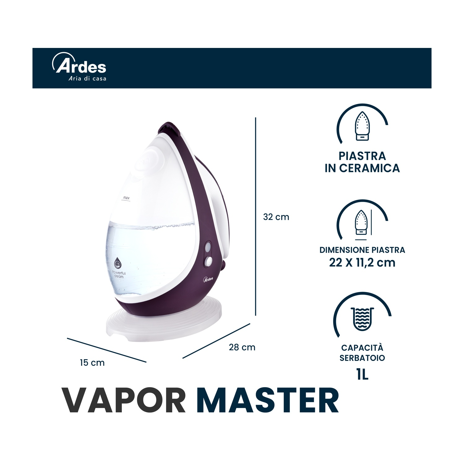FERRO A VAPORE ARDES VAPOR MASTER STIRO CALDAIA, Potenza massima 2400 W, Vapore continuo fino a 45 g/min, Serbatorio acqua 1000 ml, Sistema anticalcare integrato, Piastra in Ceramica