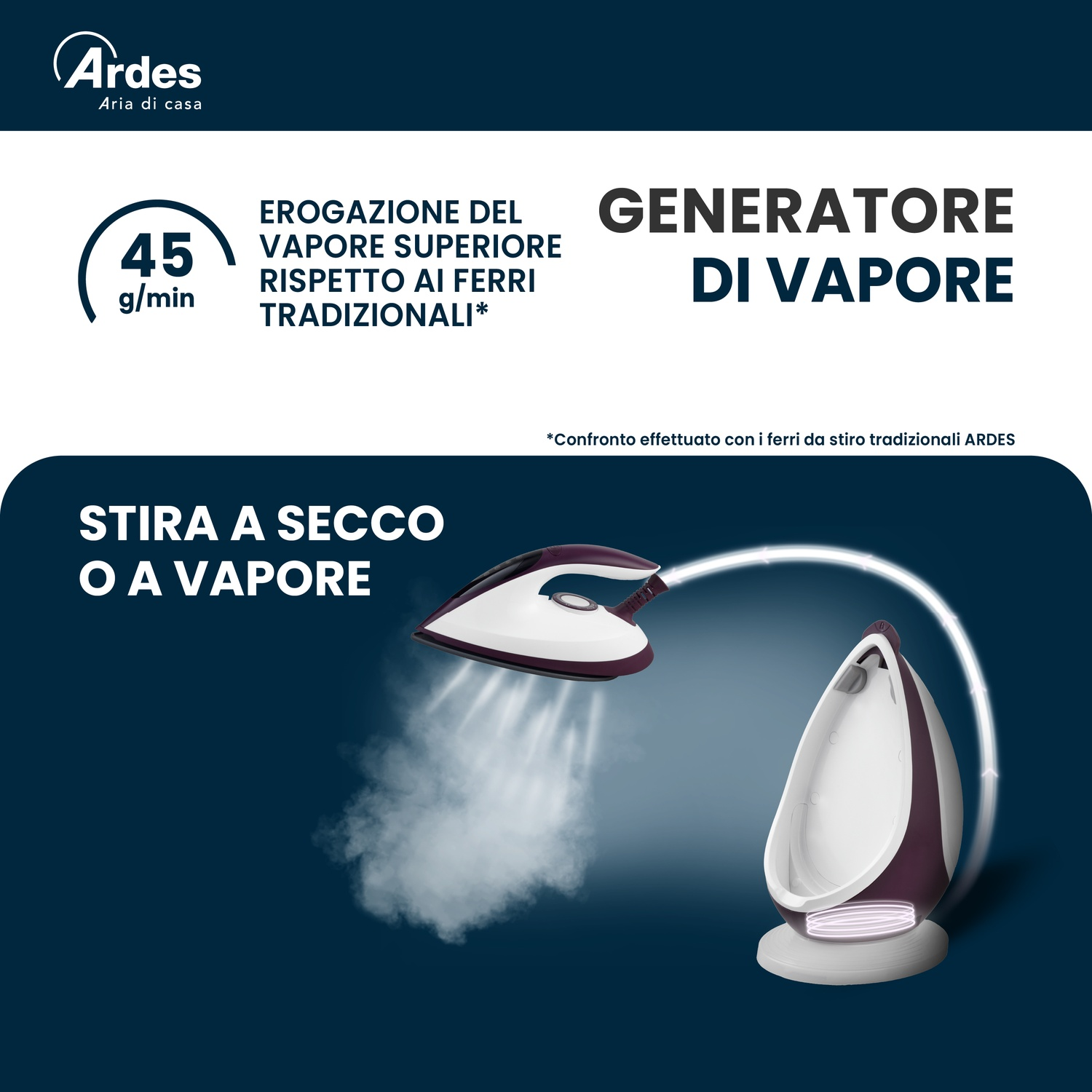 FERRO A VAPORE ARDES VAPOR MASTER STIRO CALDAIA, Potenza massima 2400 W, Vapore continuo fino a 45 g/min, Serbatorio acqua 1000 ml, Sistema anticalcare integrato, Piastra in Ceramica
