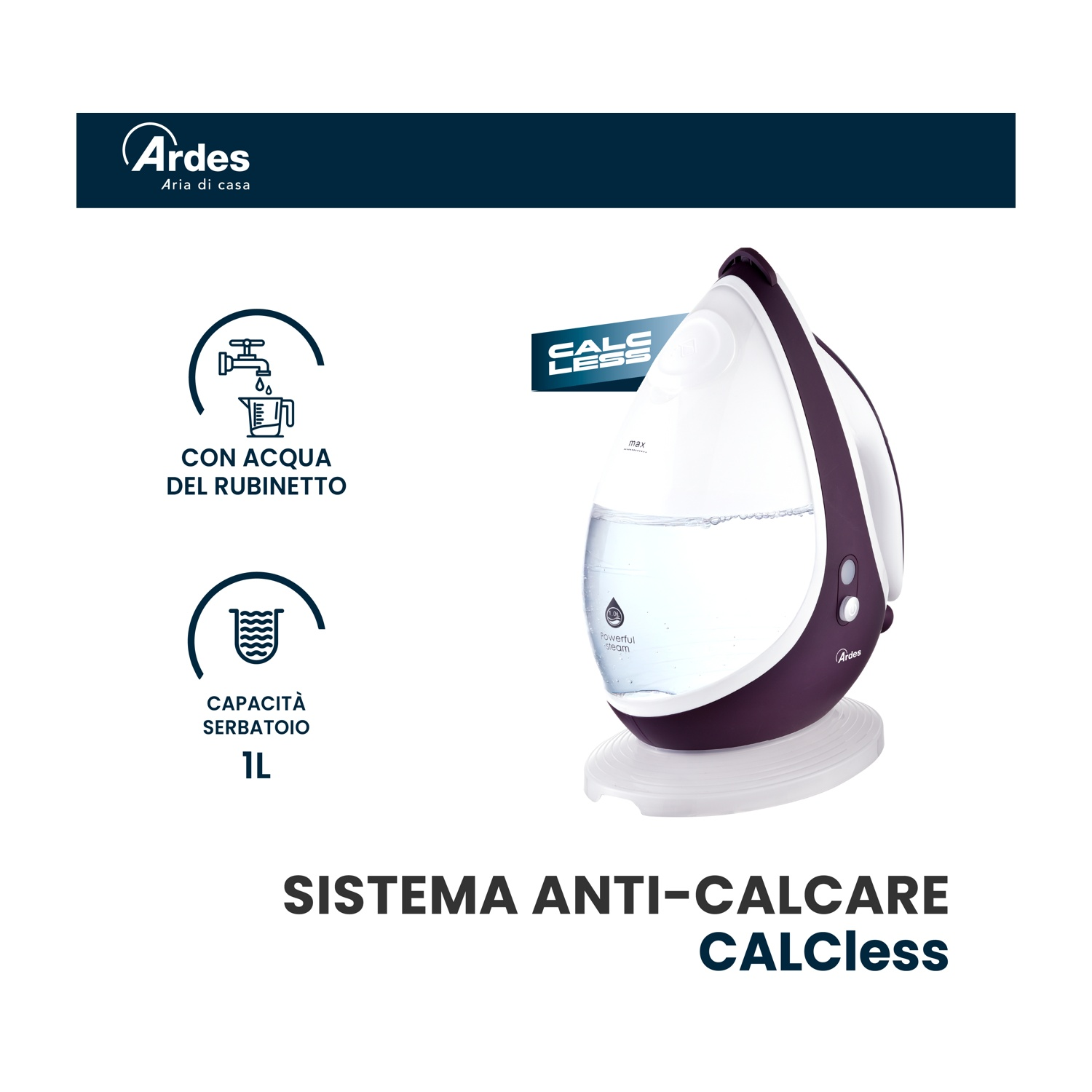 FERRO A VAPORE ARDES VAPOR MASTER STIRO CALDAIA, Potenza massima 2400 W, Vapore continuo fino a 45 g/min, Serbatorio acqua 1000 ml, Sistema anticalcare integrato, Piastra in Ceramica