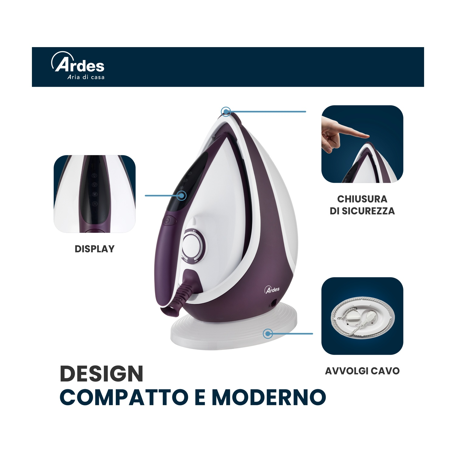 FERRO A VAPORE ARDES VAPOR MASTER STIRO CALDAIA, Potenza massima 2400 W, Vapore continuo fino a 45 g/min, Serbatorio acqua 1000 ml, Sistema anticalcare integrato, Piastra in Ceramica