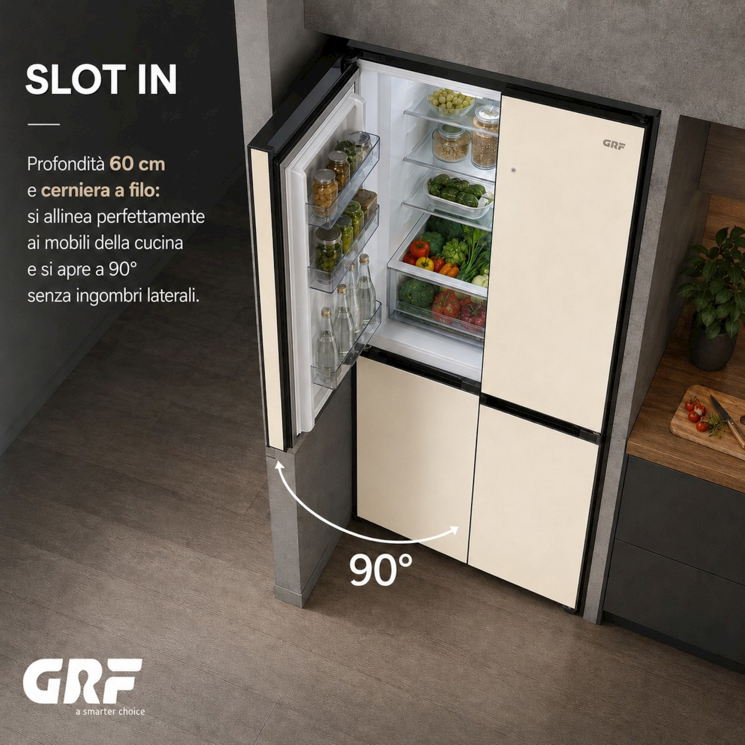 Frigorifero da incasso in cucina moderna con porta aperta a 90 gradi.
