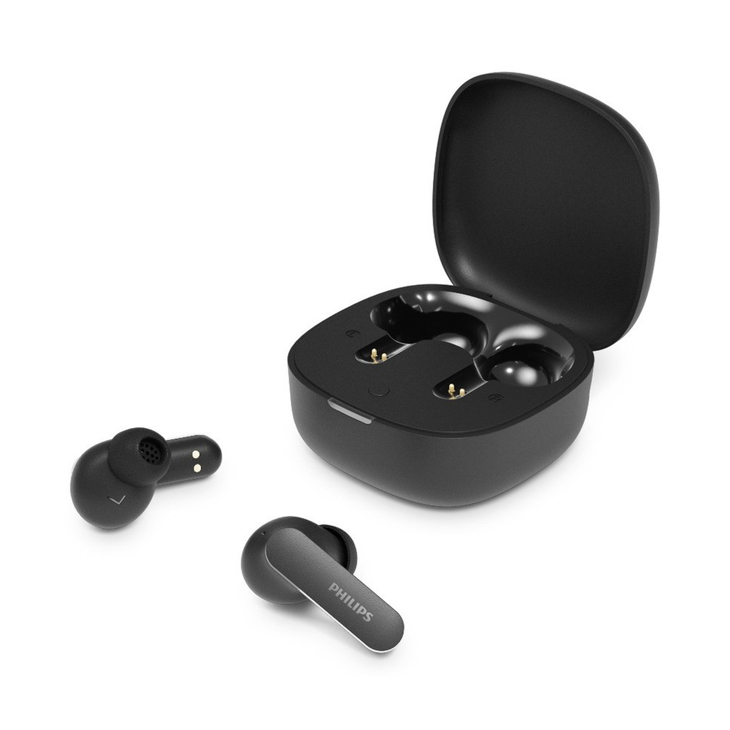 Auricolari wireless neri Philips accanto a una custodia di ricarica aperta su sfondo bianco.