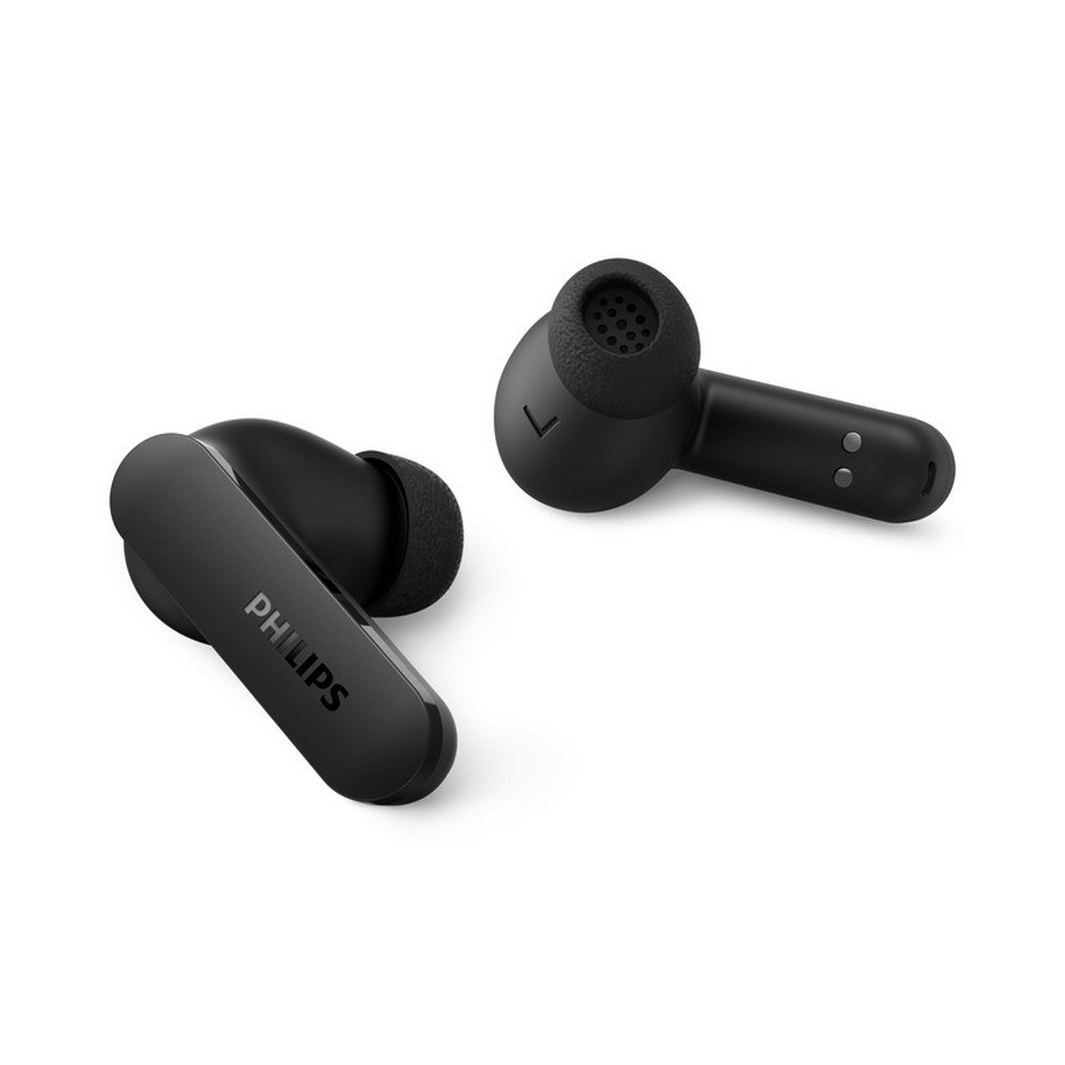 Due auricolari wireless neri Philips con stelo su uno sfondo bianco.