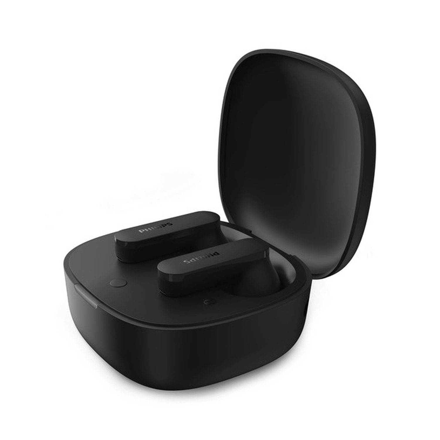 Auricolari wireless neri in una custodia di ricarica aperta su sfondo bianco.