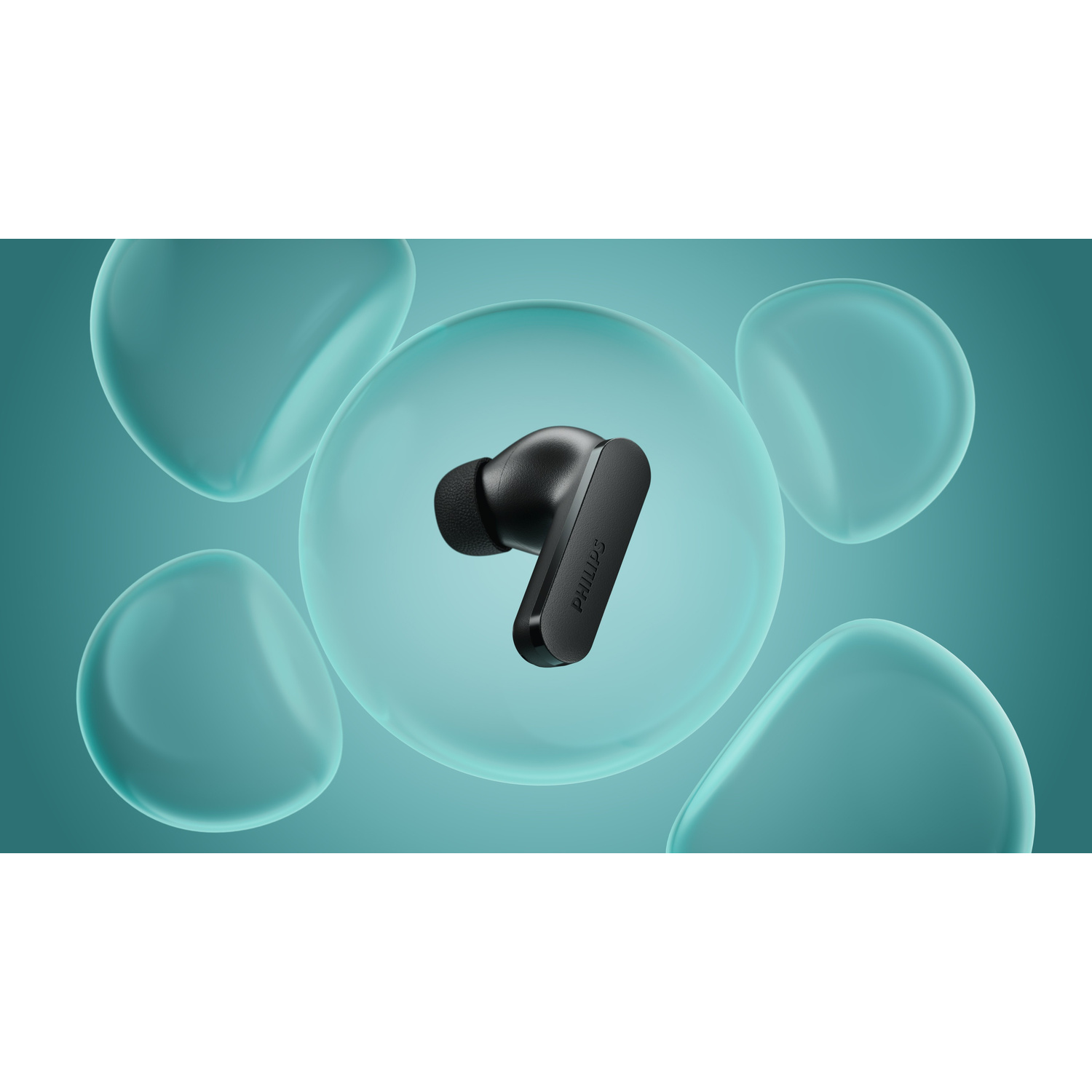 Un auricolare Philips nero galleggia al centro davanti a uno sfondo verde acqua con forme arrotondate.