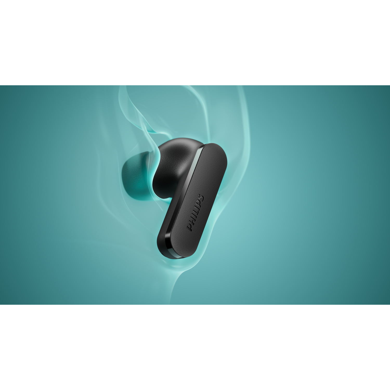 Un auricolare nero Philips è posizionato in un orecchio stilizzato su sfondo turchese.
