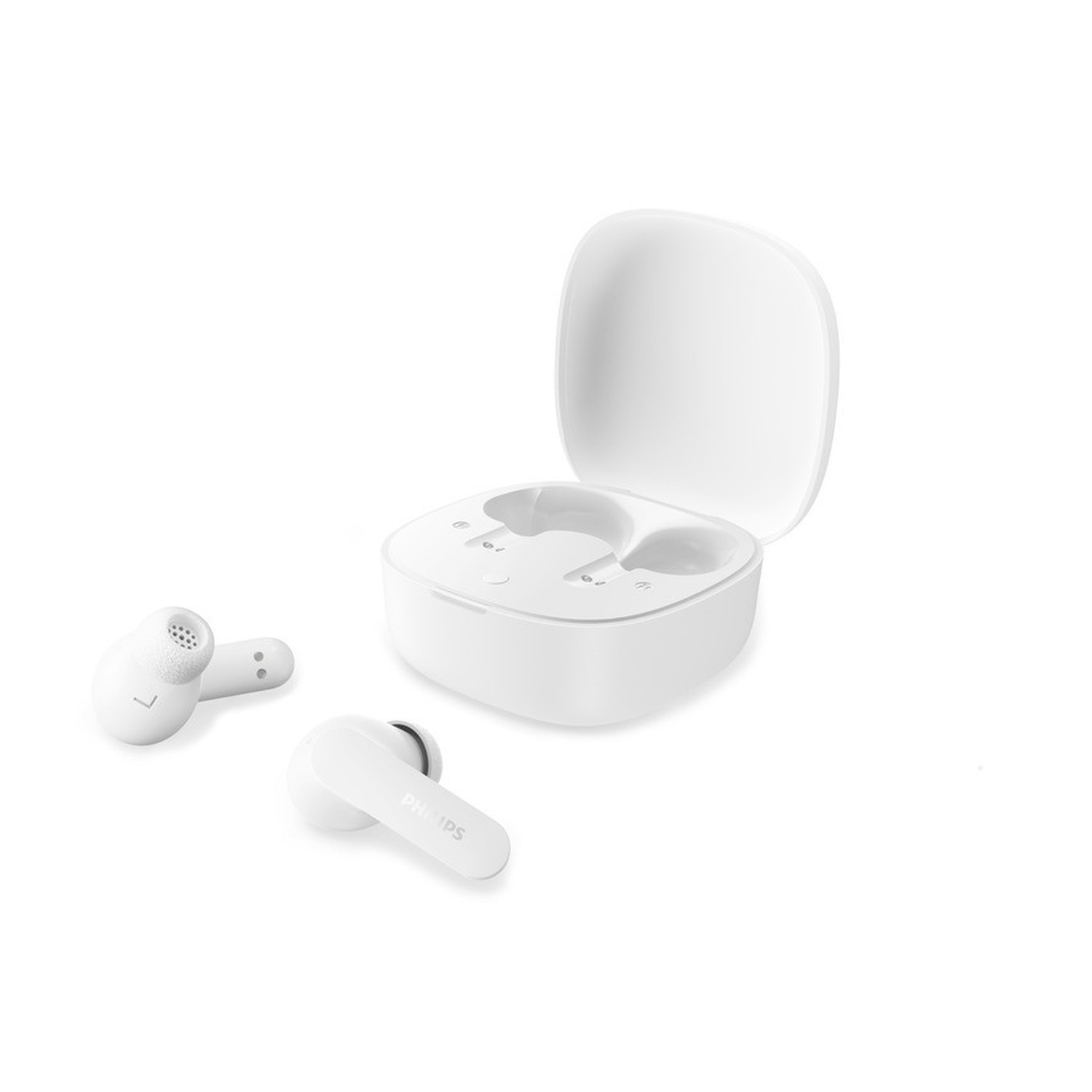 Auricolari wireless bianchi con custodia di ricarica aperta su sfondo bianco.