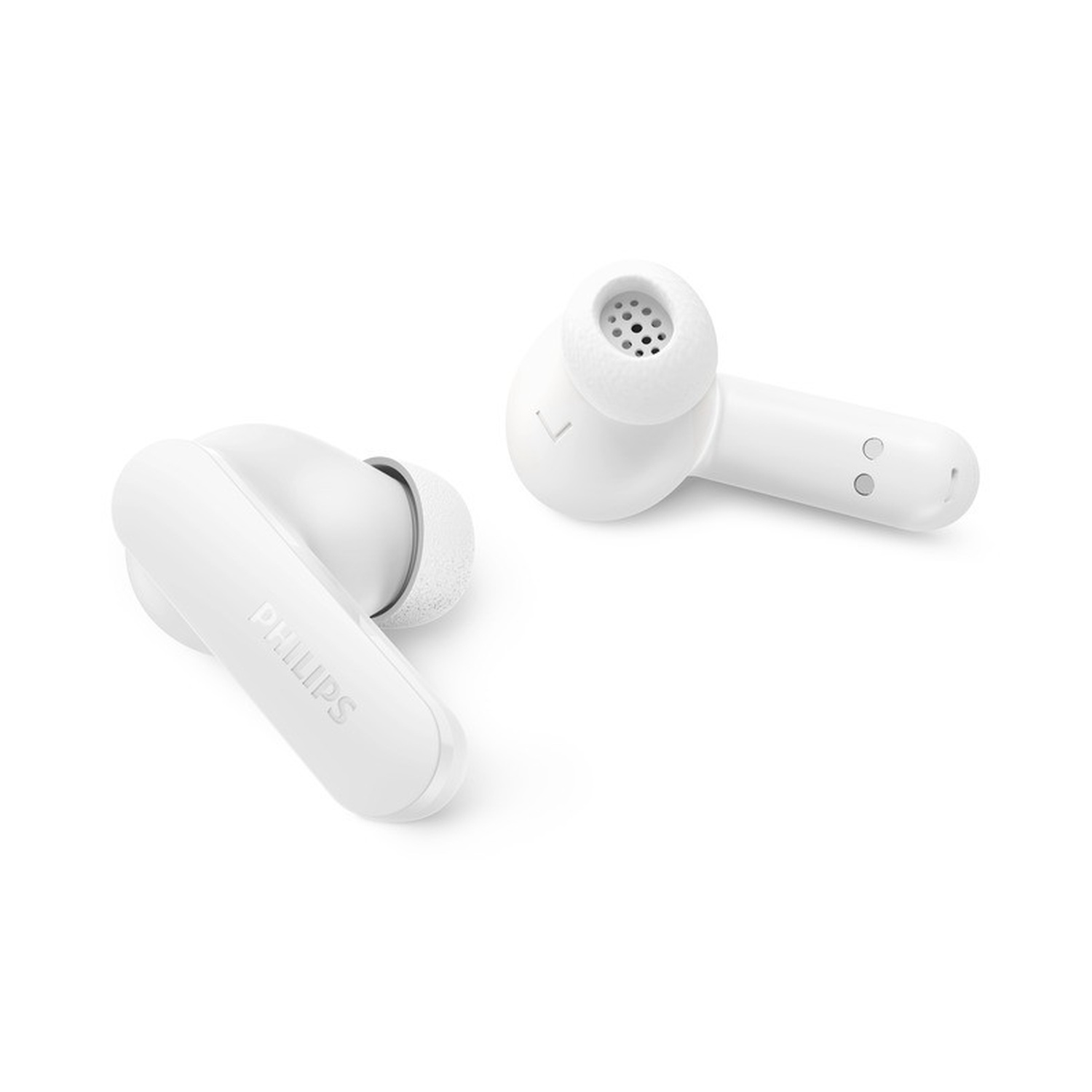 Due auricolari wireless bianchi Philips su sfondo bianco.