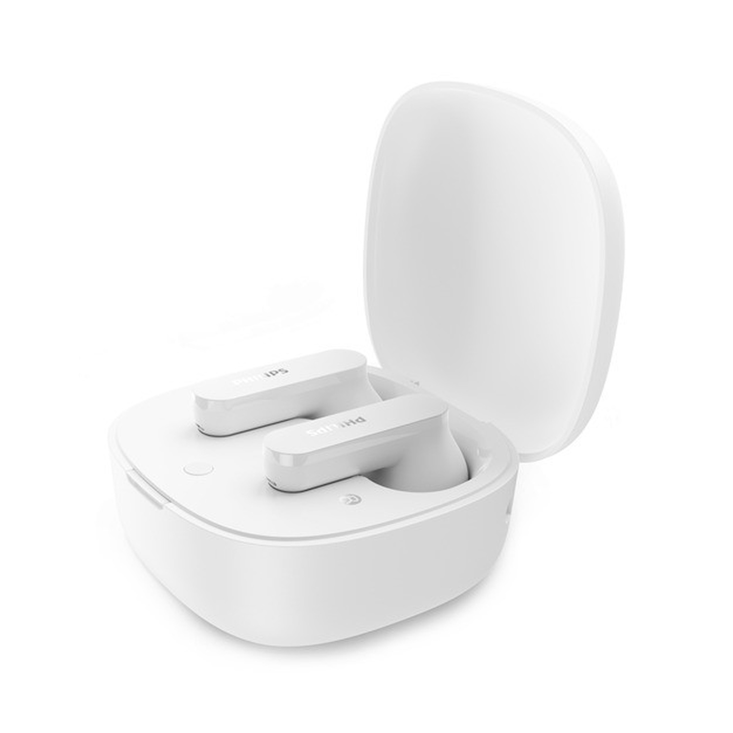 Auricolari wireless bianchi nella custodia di ricarica aperta su sfondo bianco.