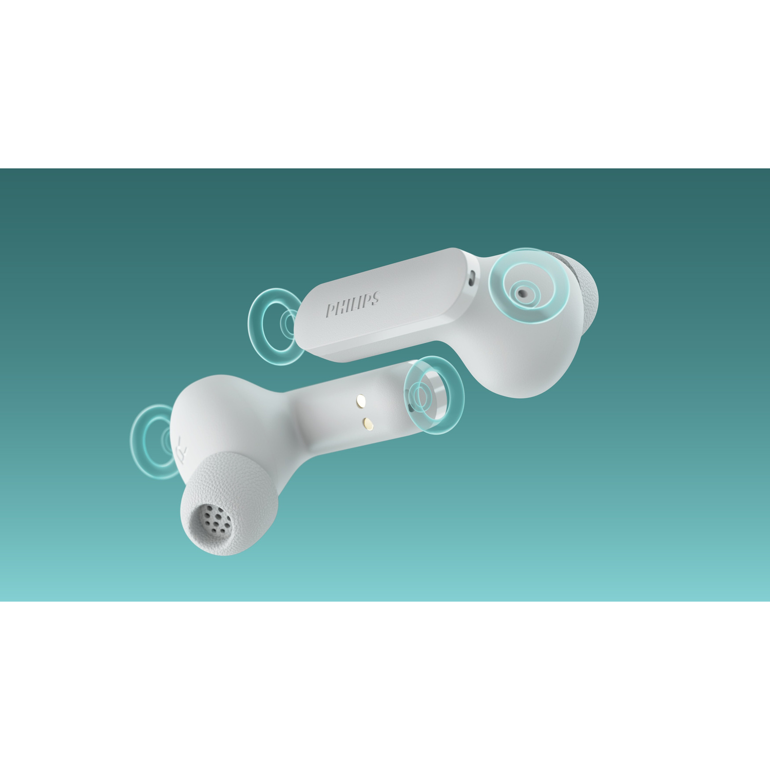 Due auricolari wireless Philips bianchi fluttuano su uno sfondo verde acqua con onde sonore luminose.