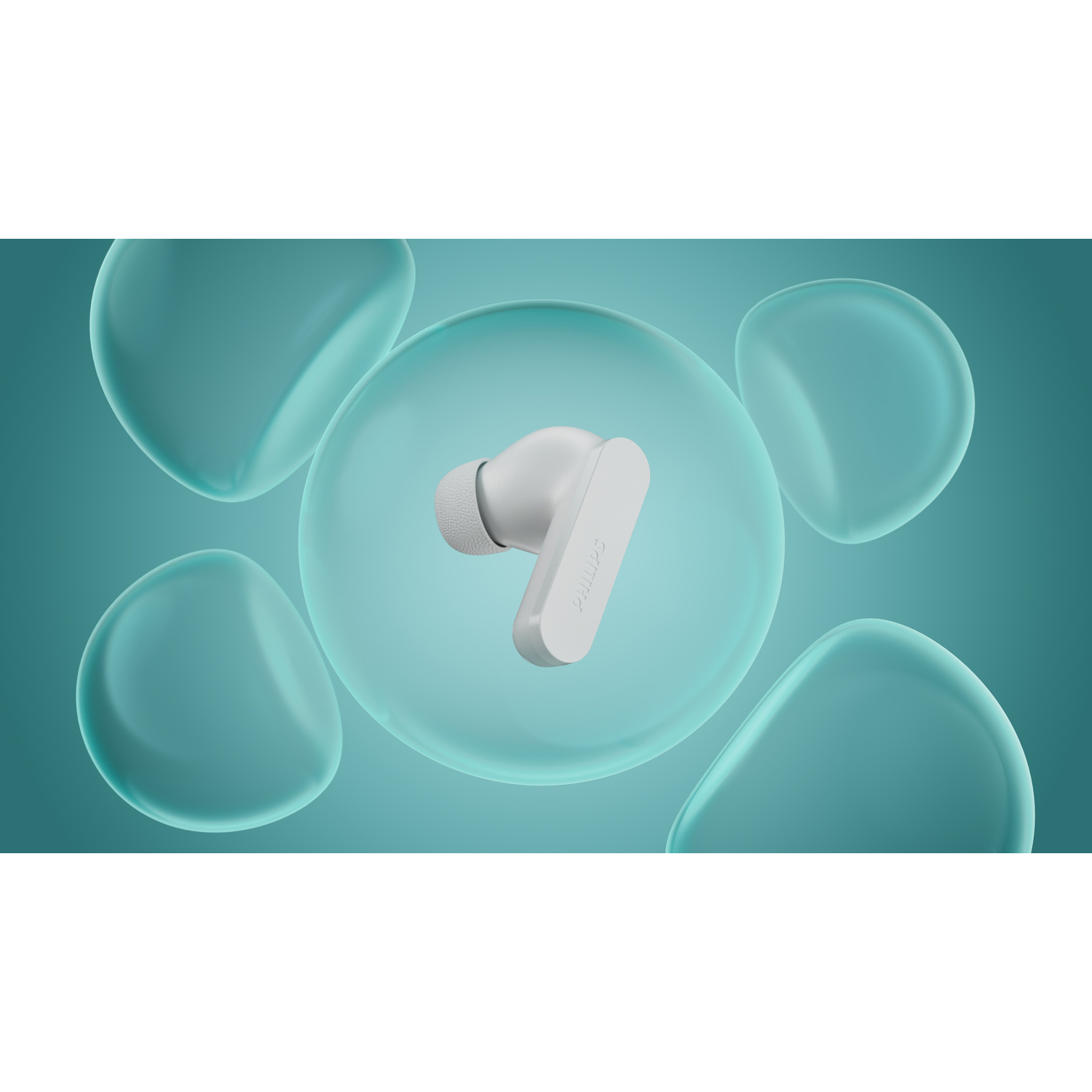 Un auricolare Philips bianco fluttua all'interno di una bolla trasparente su sfondo turchese con altre bolle.