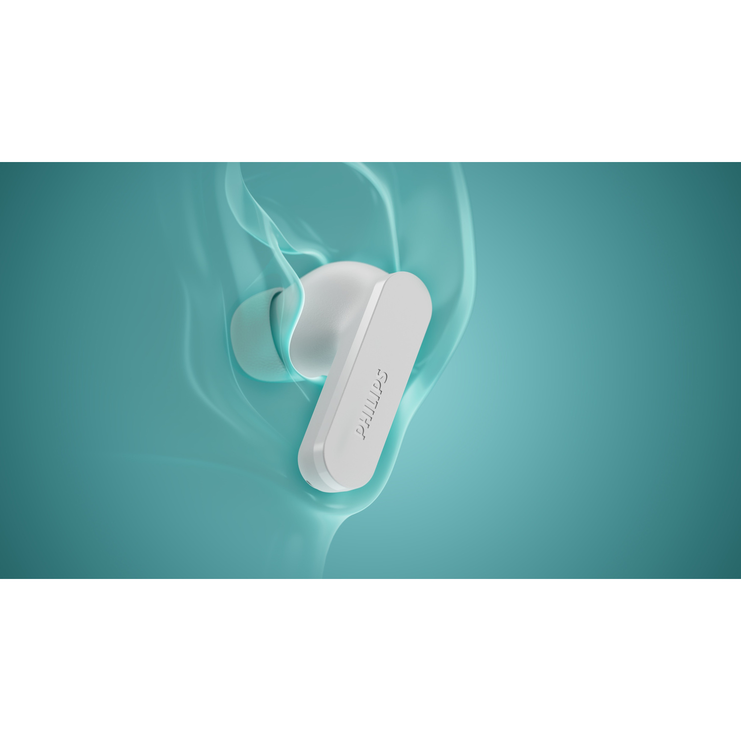Un auricolare in-ear Philips bianco in un orecchio, circondato da onde turchesi fluide.