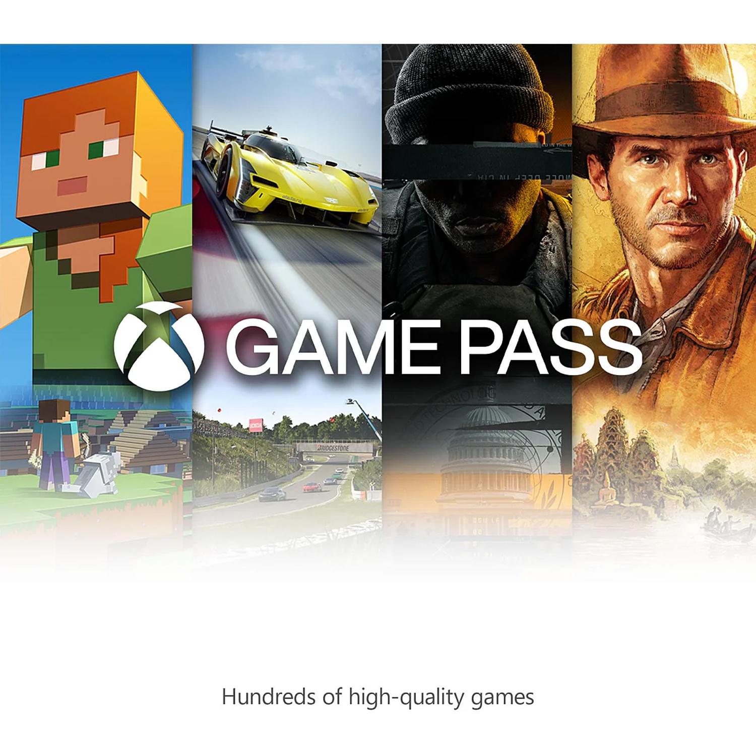 Xbox Game Pass poster featuring Minecraft, racing cars, soldiers, and Indiana Jones with the text 'Hundreds of games'.